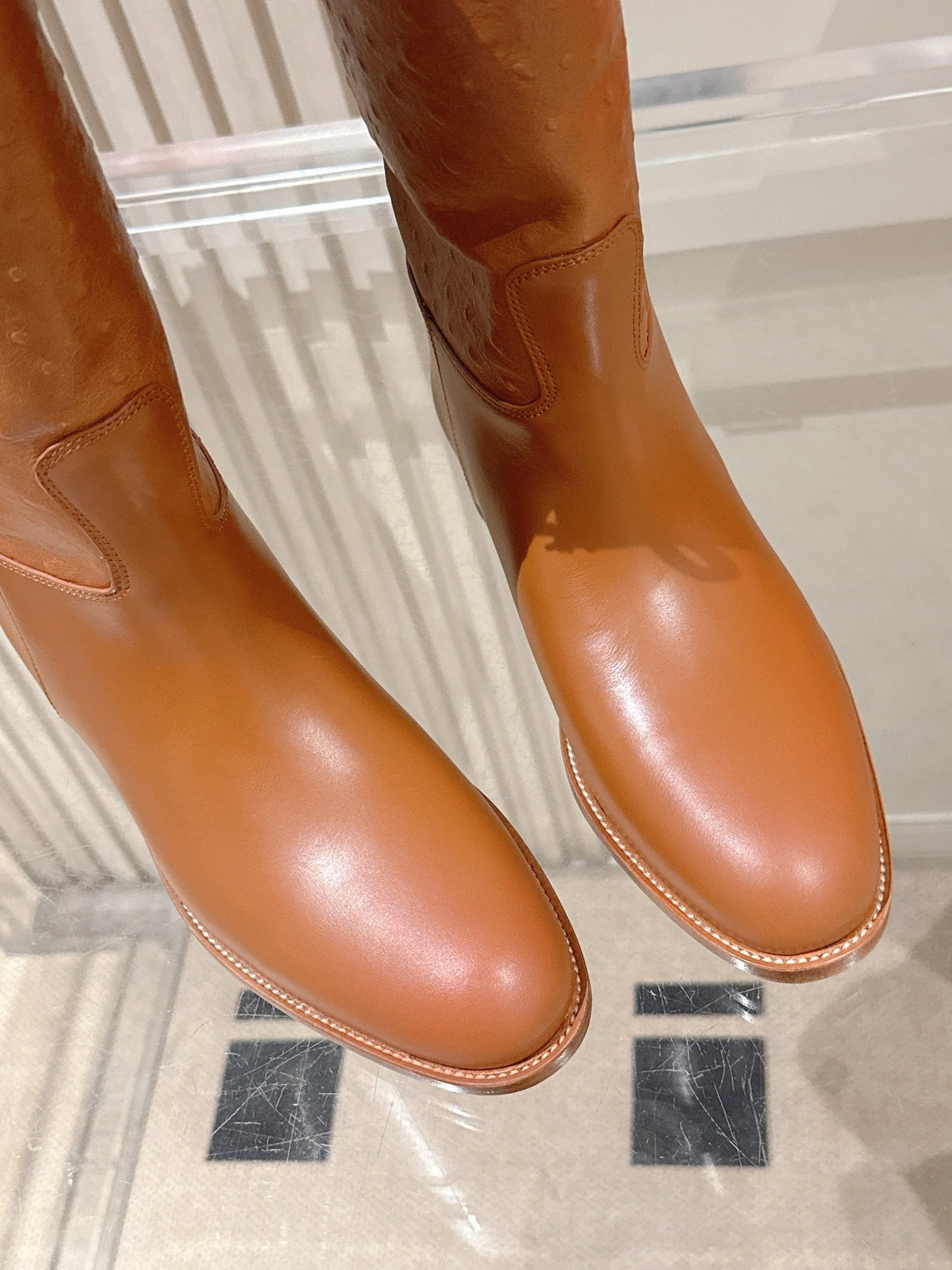 HM 26S Tall Flat Boots in Cognac Brown Ostrich Leather