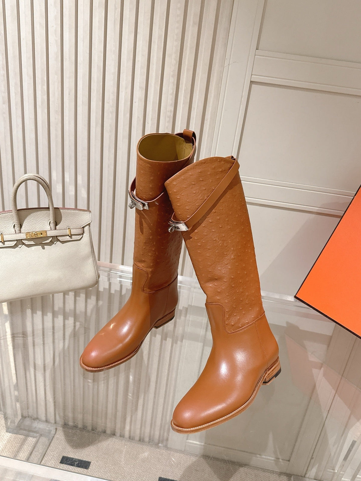 HM 26S Tall Flat Boots in Cognac Brown Ostrich Leather
