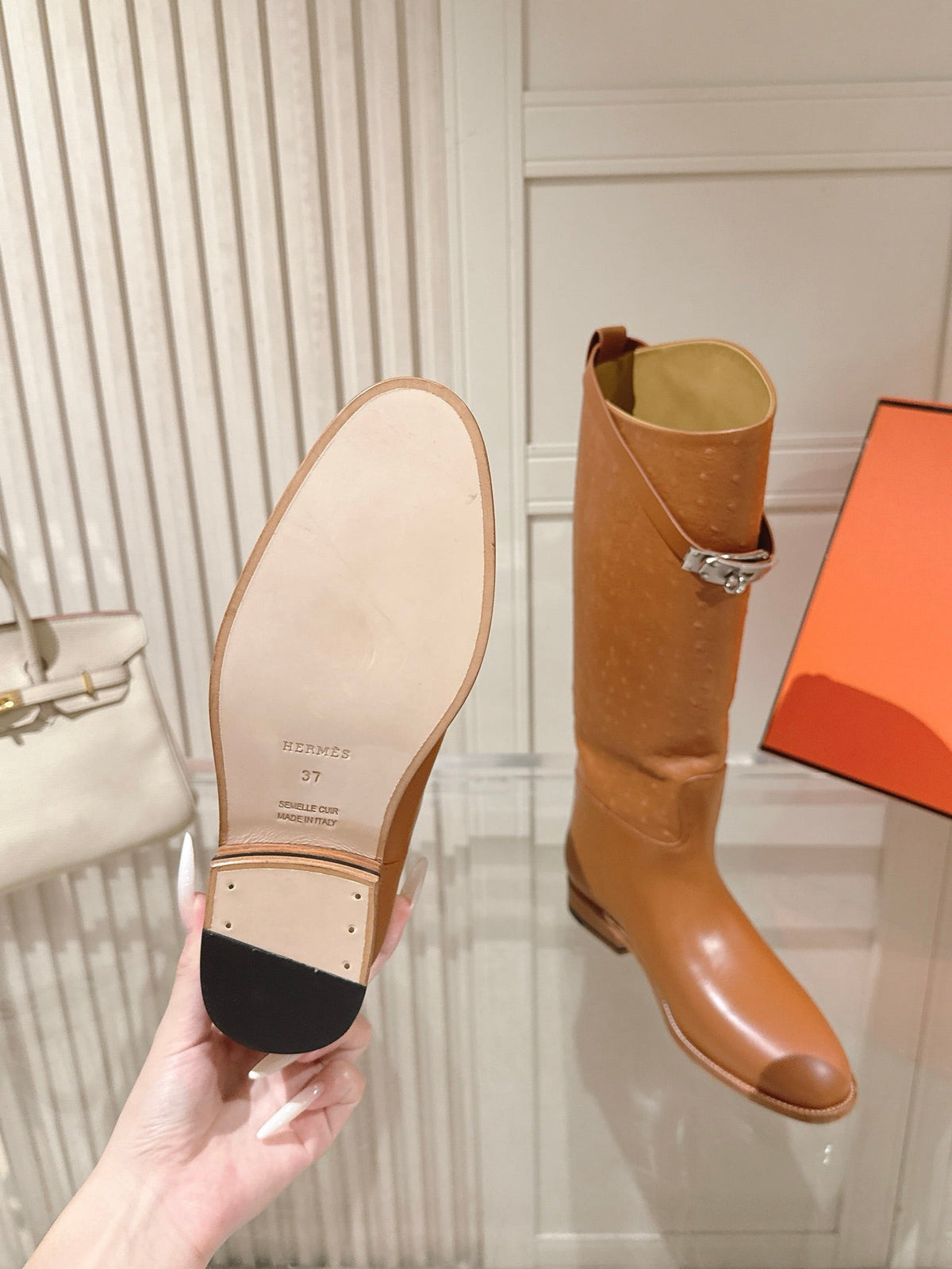 HM 26S Tall Flat Boots in Cognac Brown Ostrich Leather
