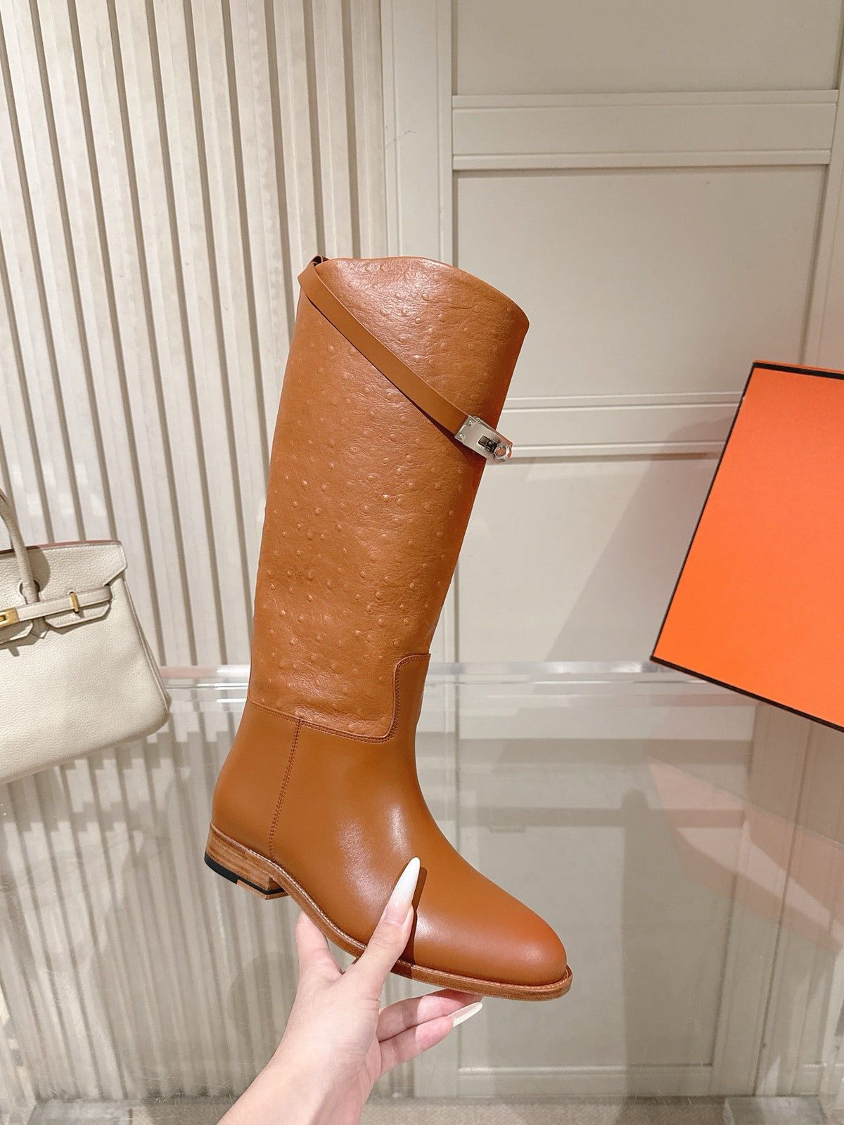 HM 26S Tall Flat Boots in Cognac Brown Ostrich Leather
