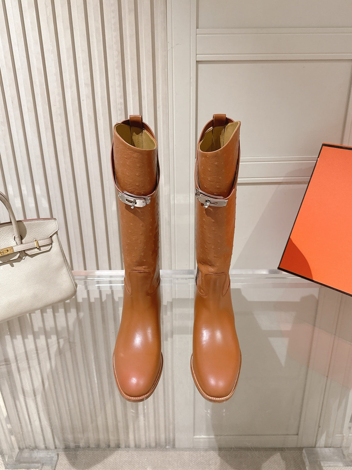 HM 26S Tall Flat Boots in Cognac Brown Ostrich Leather