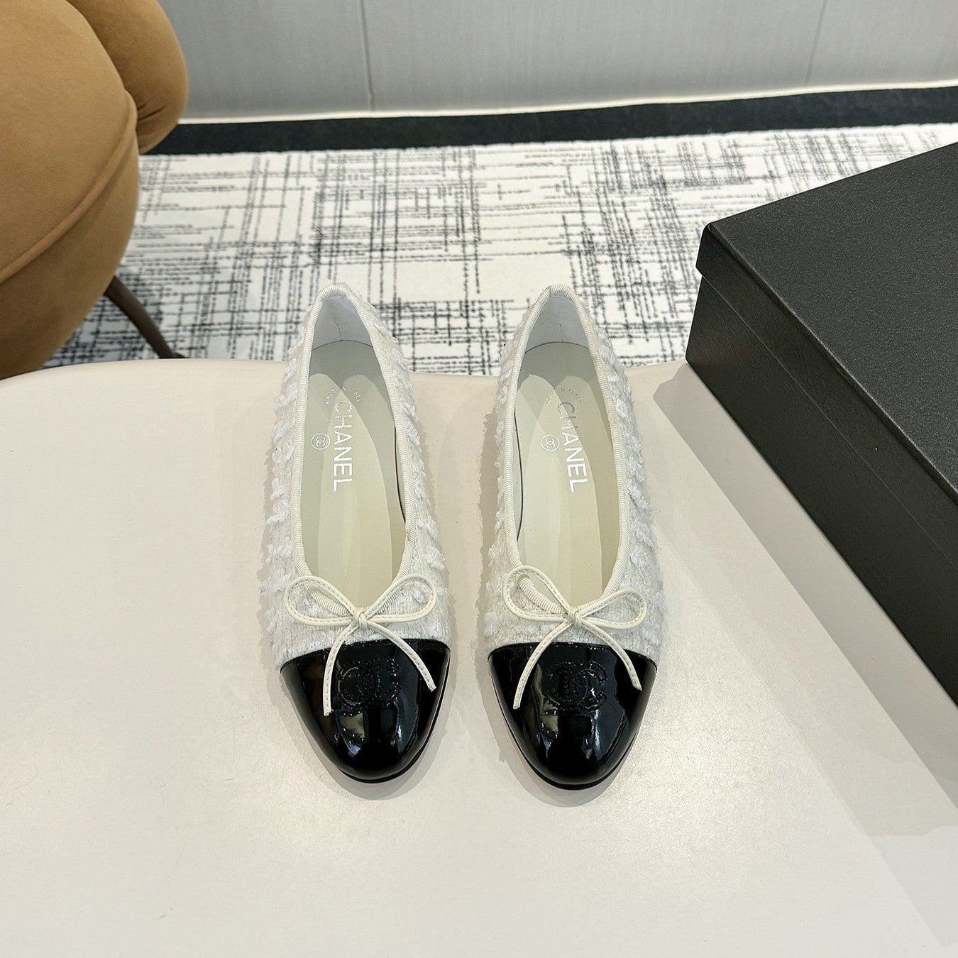 cc 25c ballet flat white tweed black grosgrain 233625