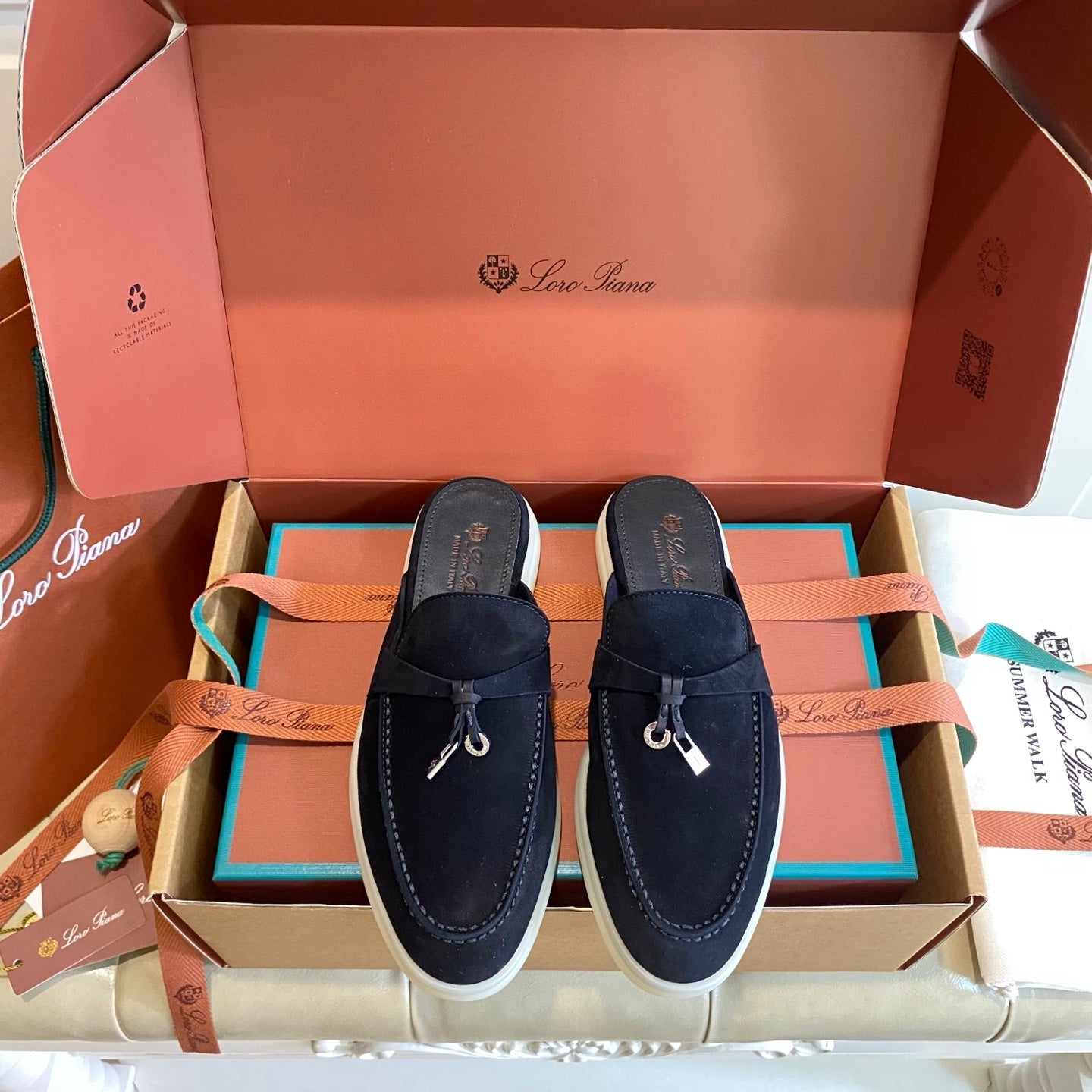 LP 26s Lock Charm Mules In Black Suede Gold Hardware