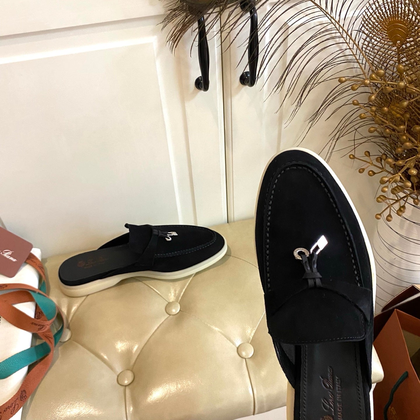 LP 26s Lock Charm Mules In Black Suede Gold Hardware
