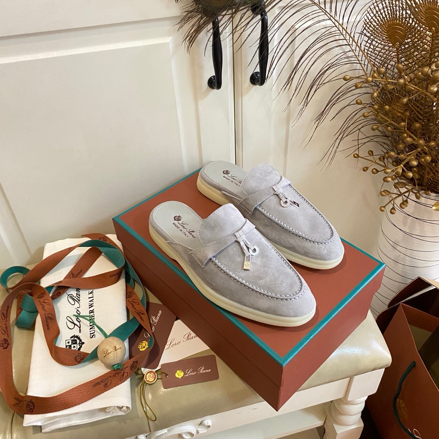 LP 26s Lock Charm Mules In Light Grey Suede Gold Hardware