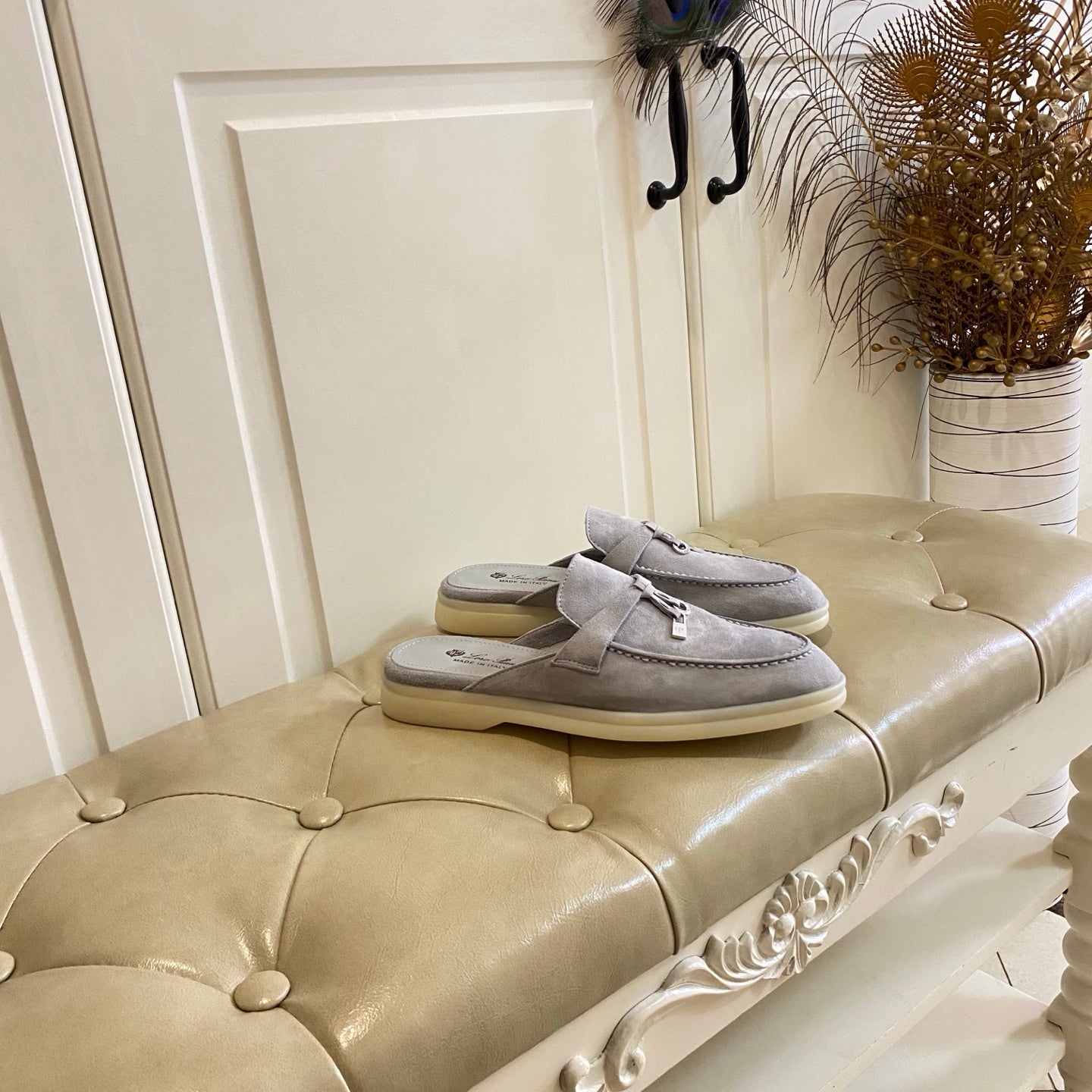 LP 26s Lock Charm Mules In Light Grey Suede Gold Hardware
