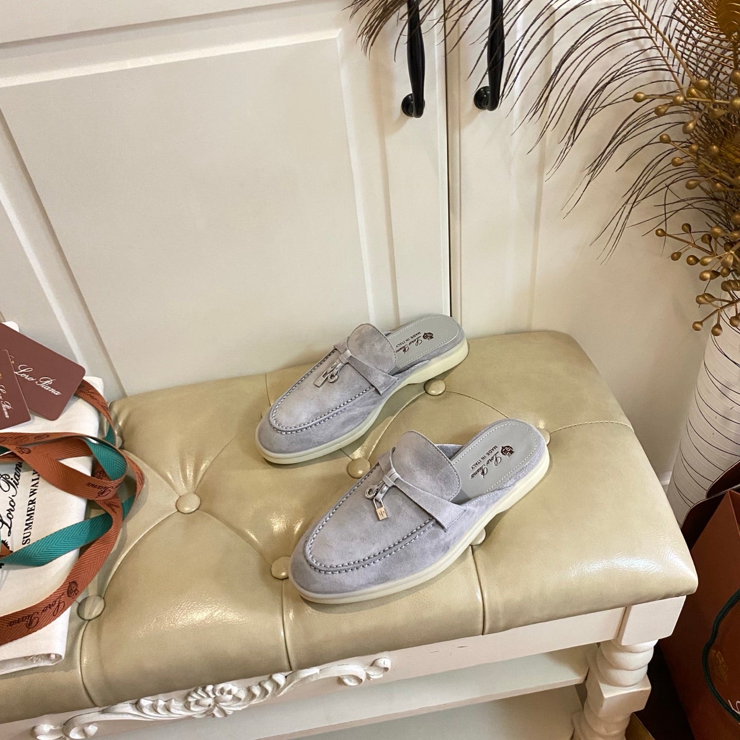 LP 26s Lock Charm Mules In Light Grey Suede Gold Hardware