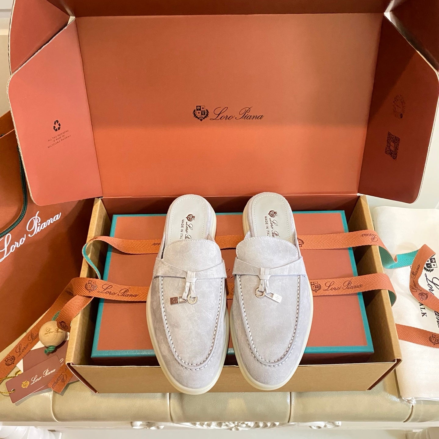 LP 26s Lock Charm Mules In Light Grey Suede Gold Hardware