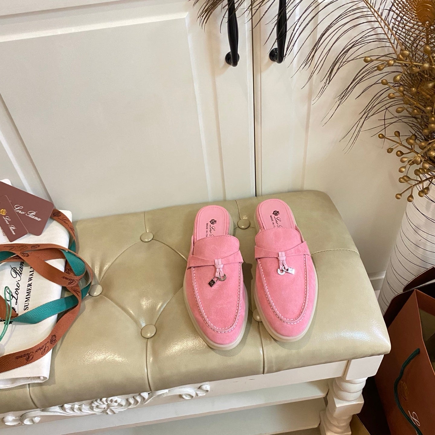 LP 26s Lock Charm Mules In Pink Suede Gold Hardware