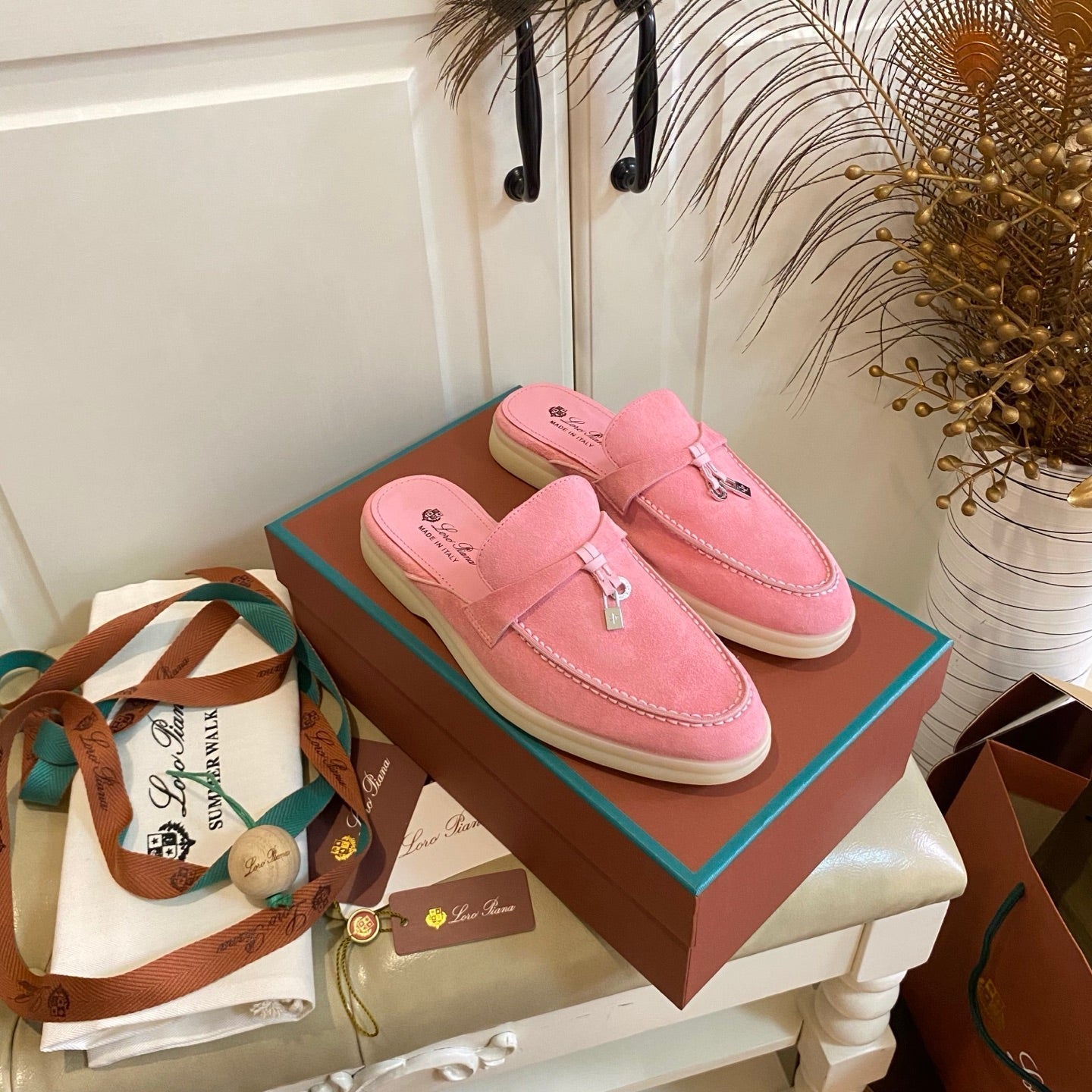 LP 26s Lock Charm Mules In Pink Suede Gold Hardware