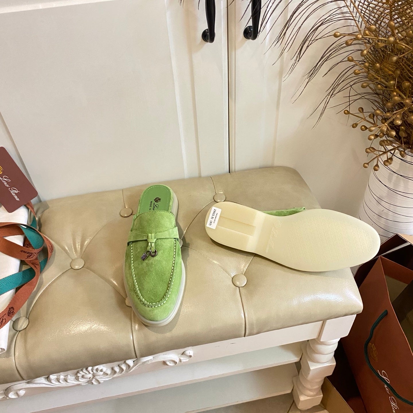 LP 26s Lock Charm Mules In Light Green Suede Gold Hardware
