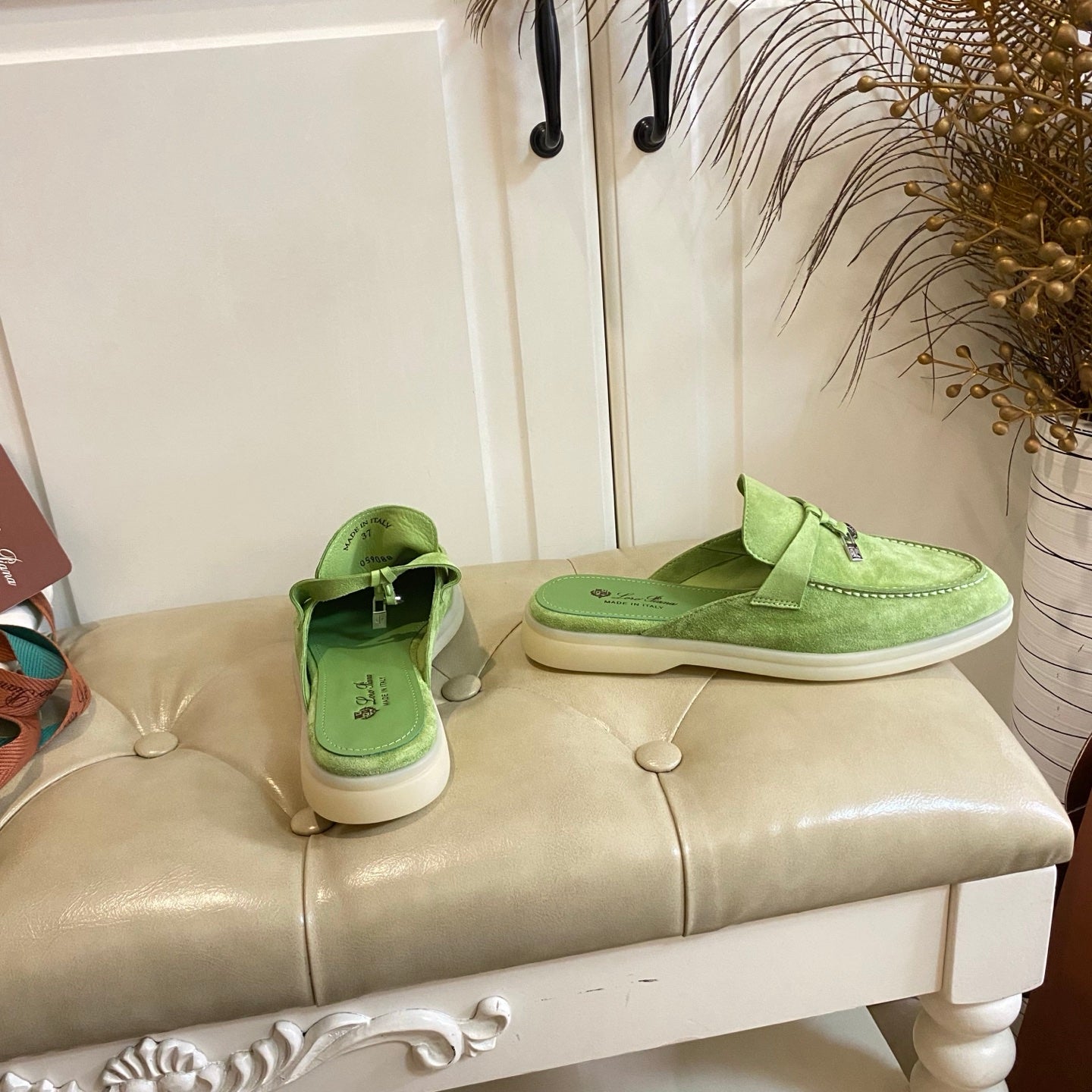 LP 26s Lock Charm Mules In Light Green Suede Gold Hardware