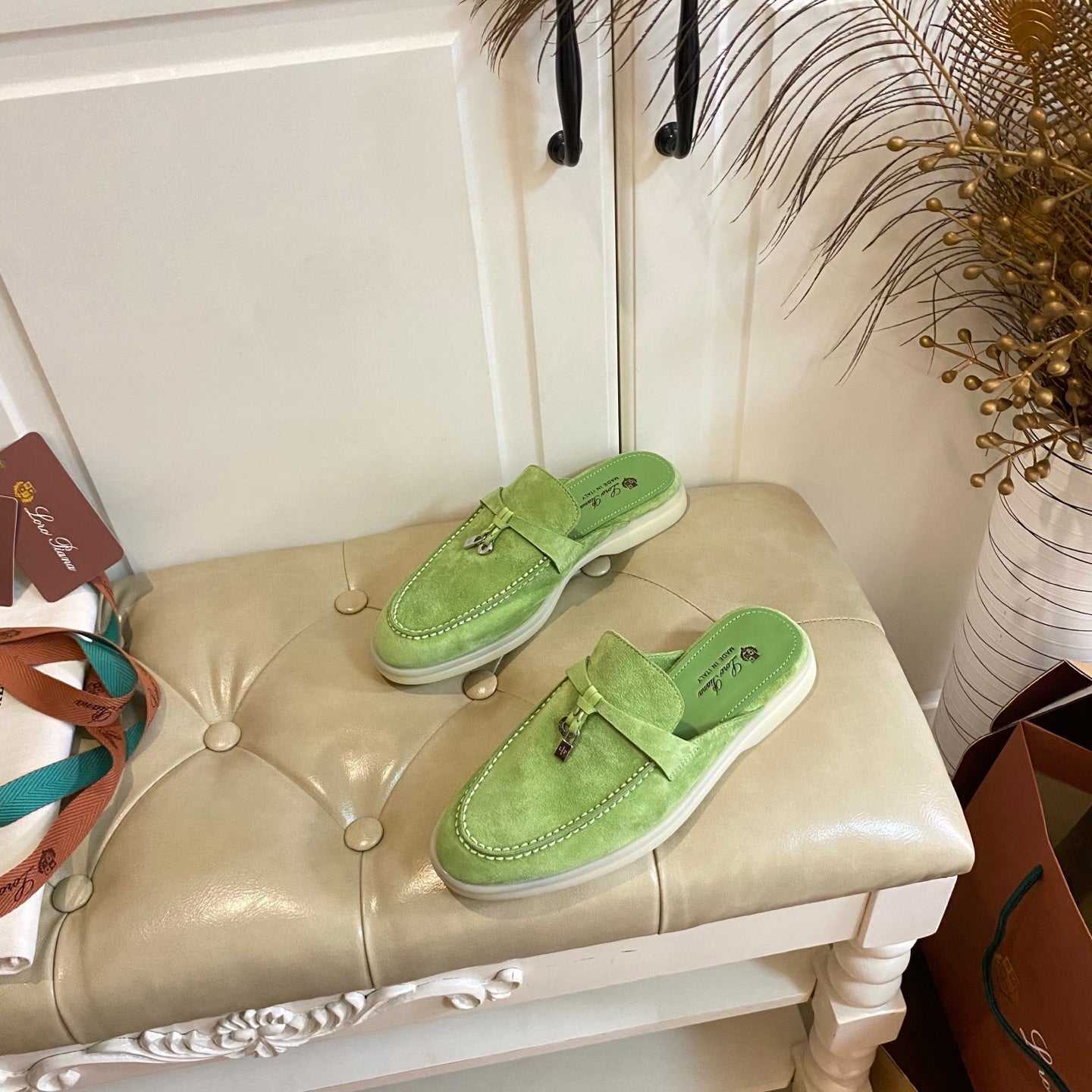 LP 26s Lock Charm Mules In Light Green Suede Gold Hardware