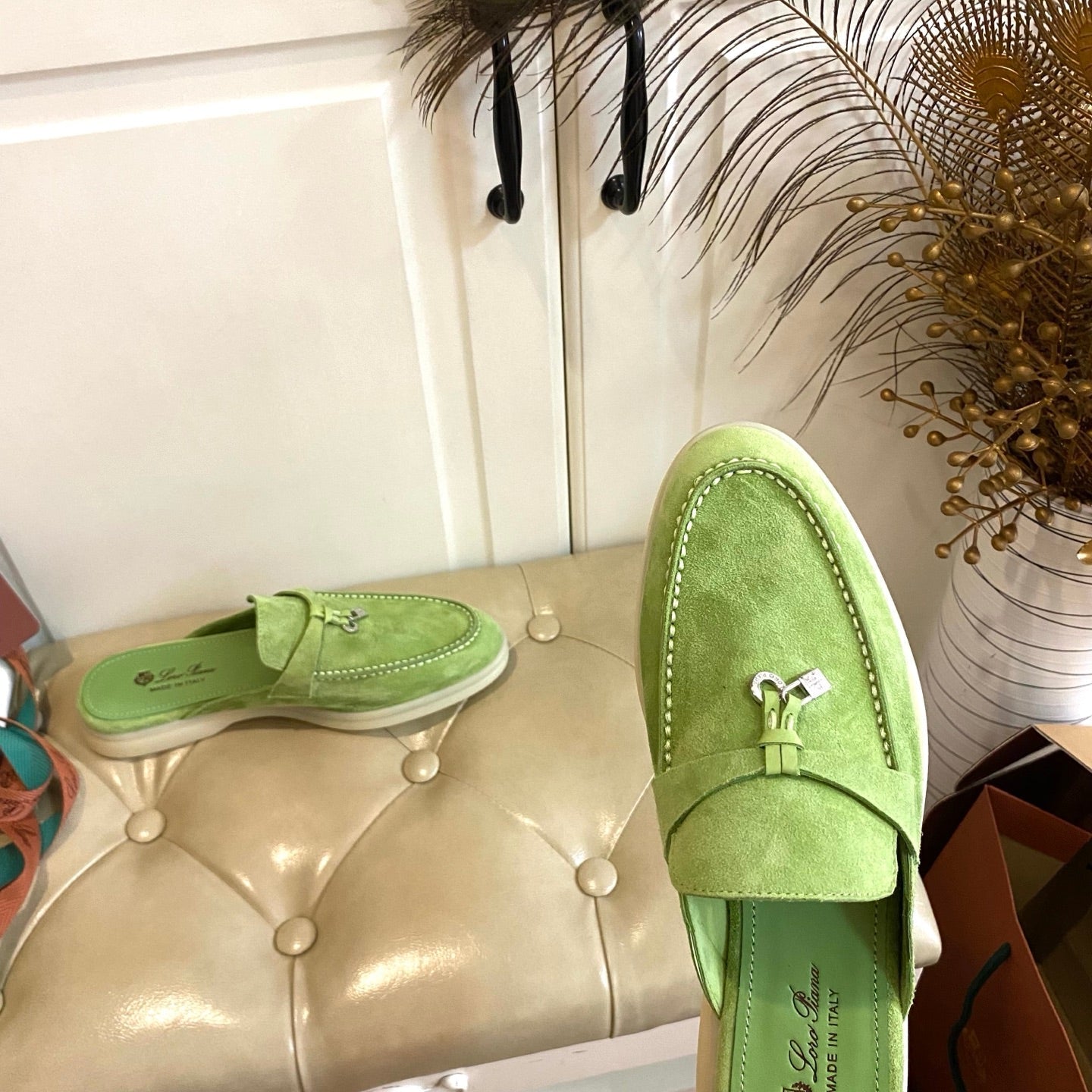 LP 26s Lock Charm Mules In Light Green Suede Gold Hardware