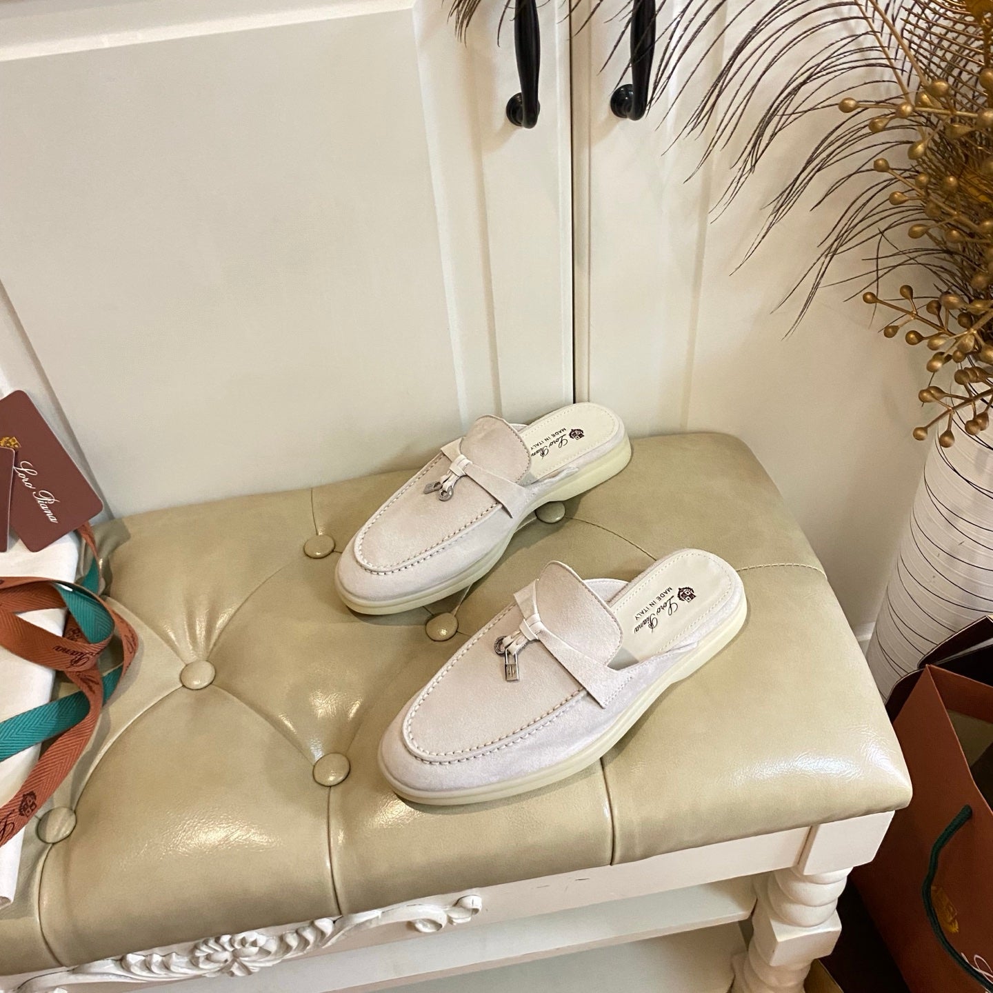 LP 26s Lock Charm Mules In Cream White Suede Gold Hardware