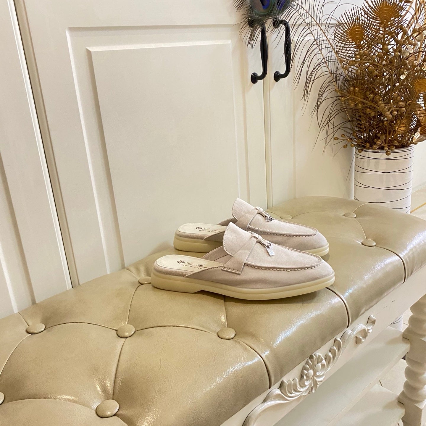LP 26s Lock Charm Mules In Cream White Suede Gold Hardware