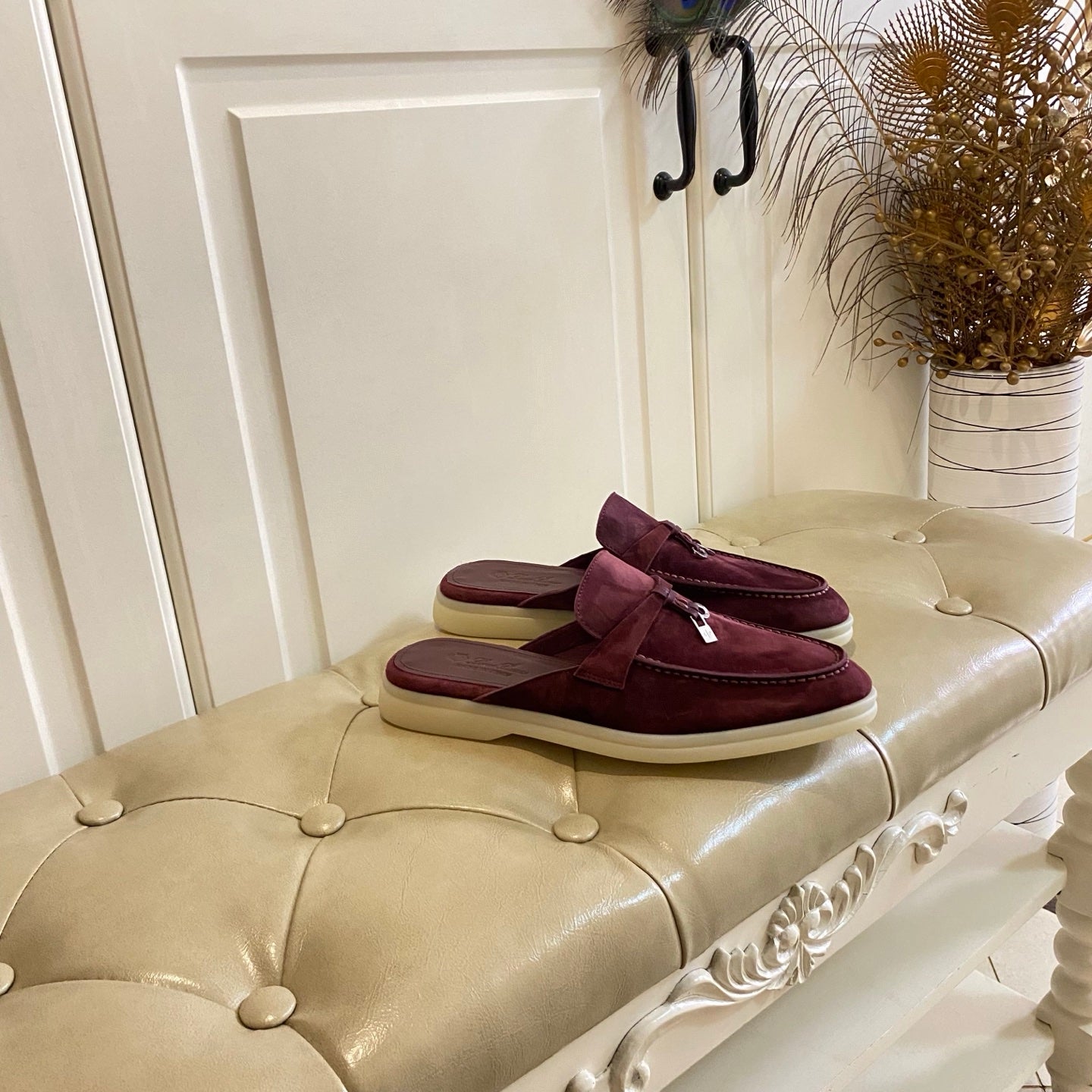 LP 26s Lock Charm Mules In Burgundy Red Suede Gold Hardware