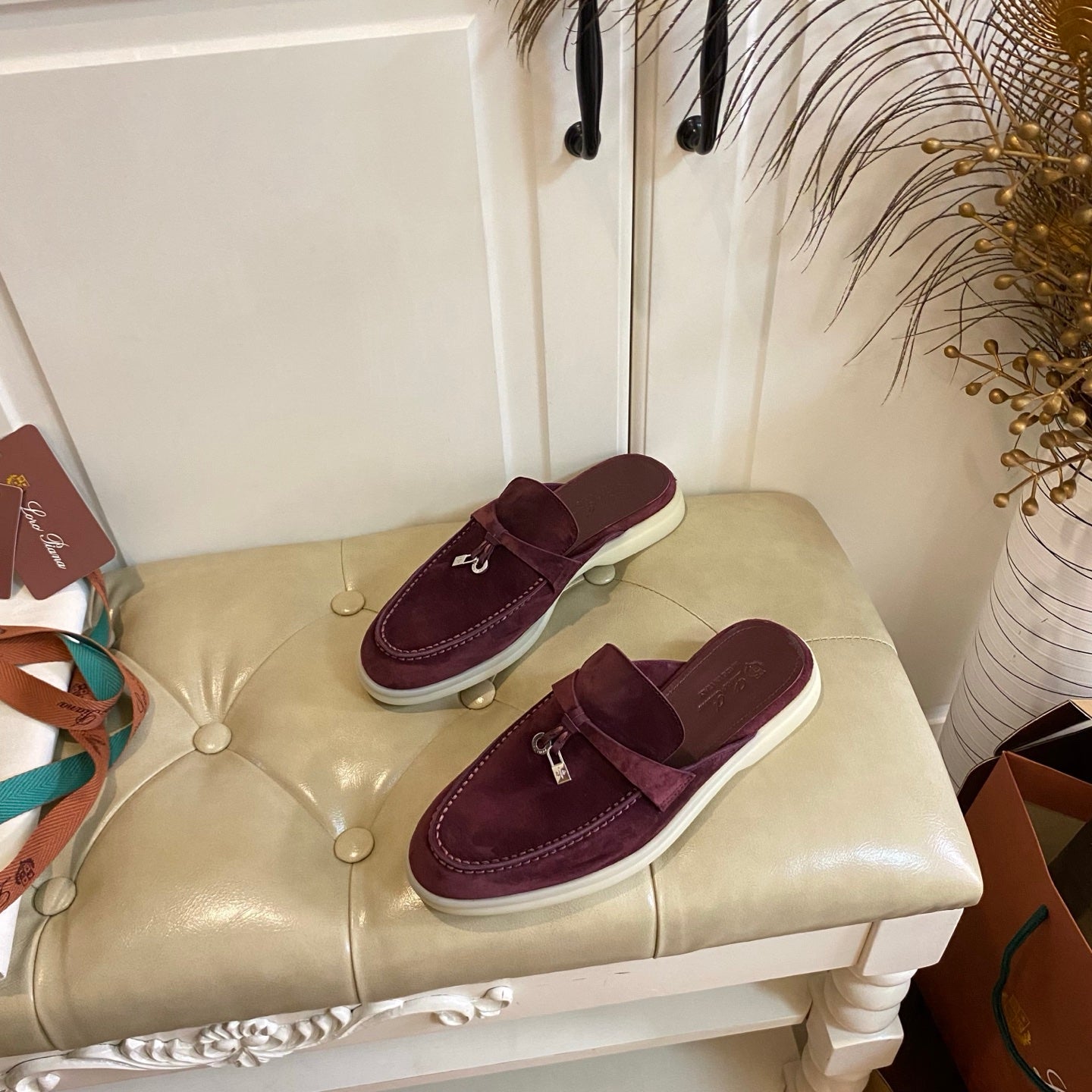 LP 26s Lock Charm Mules In Burgundy Red Suede Gold Hardware