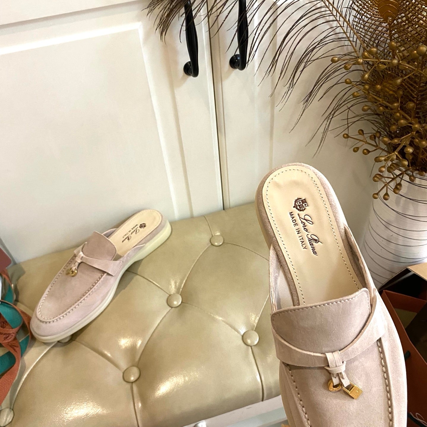 LP 26s Lock Charm Mules In Light Pink Suede Gold Hardware