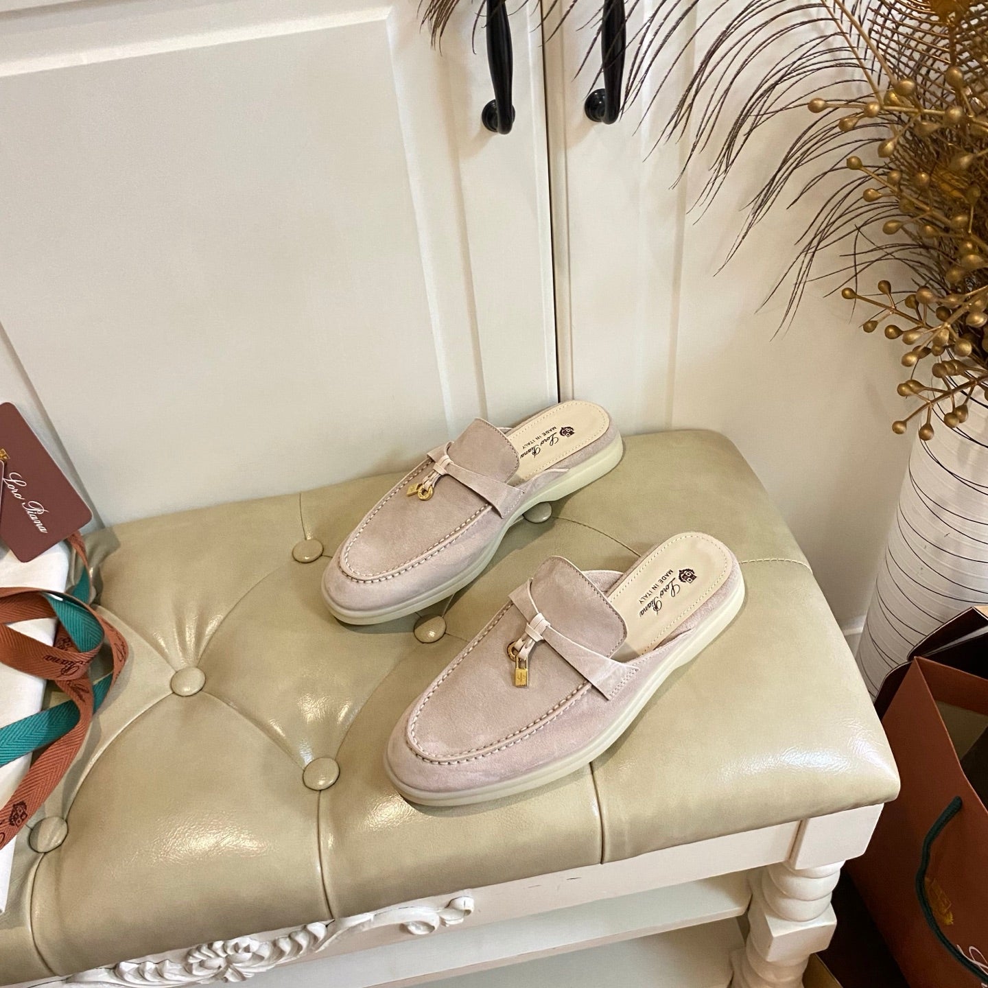 LP 26s Lock Charm Mules In Light Pink Suede Gold Hardware