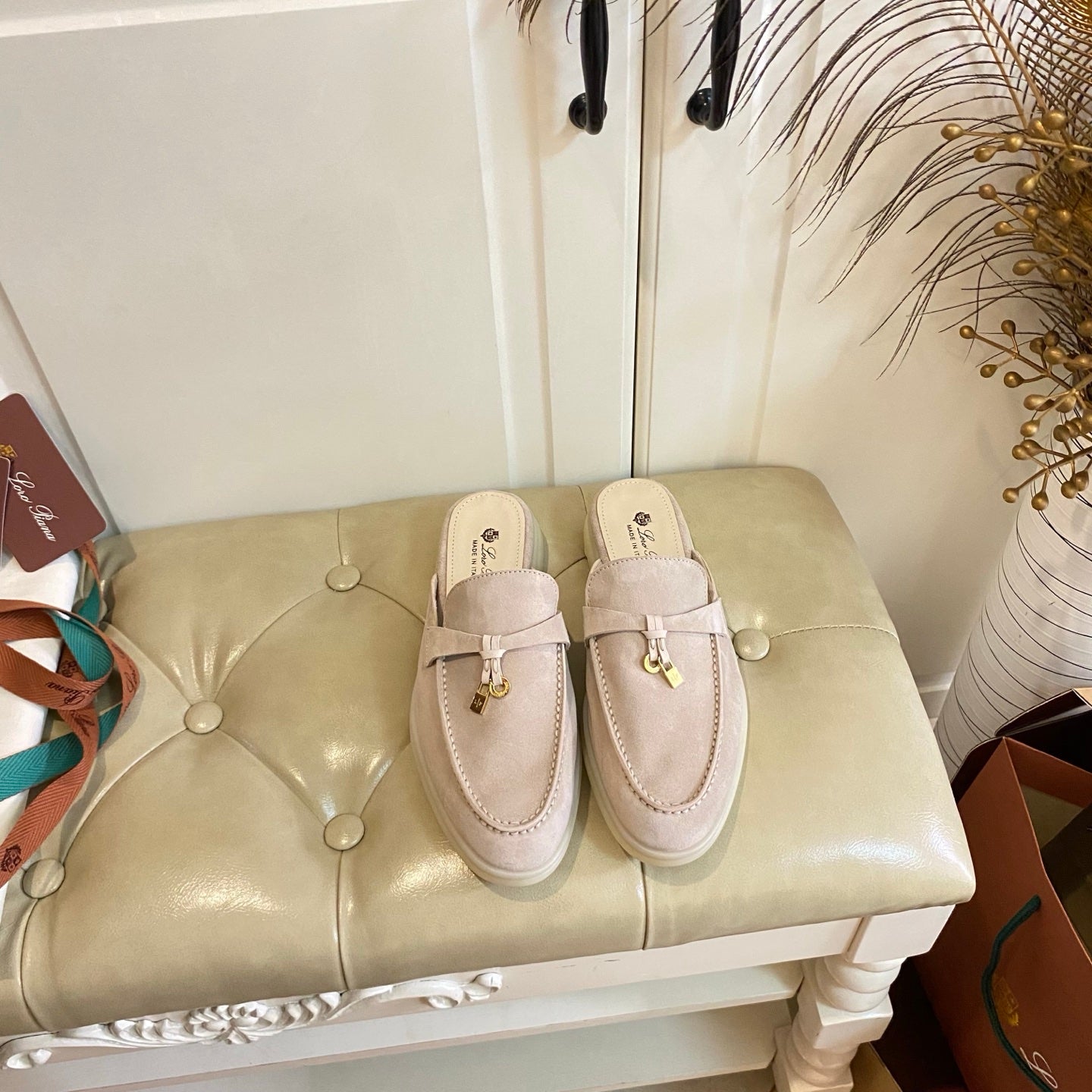 LP 26s Lock Charm Mules In Light Pink Suede Gold Hardware
