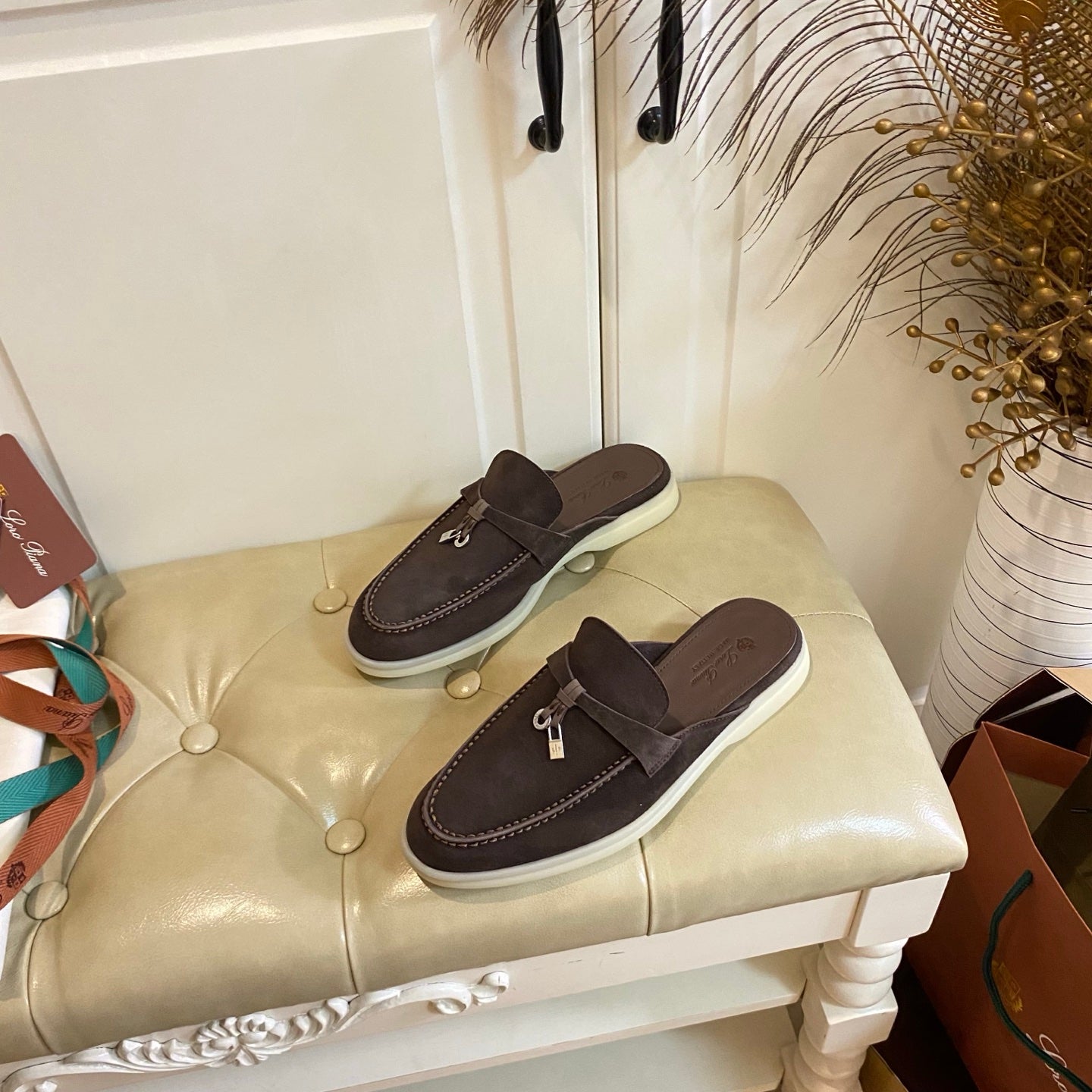 LP 26s Lock Charm Mules In Dark Brown Suede Gold Hardware