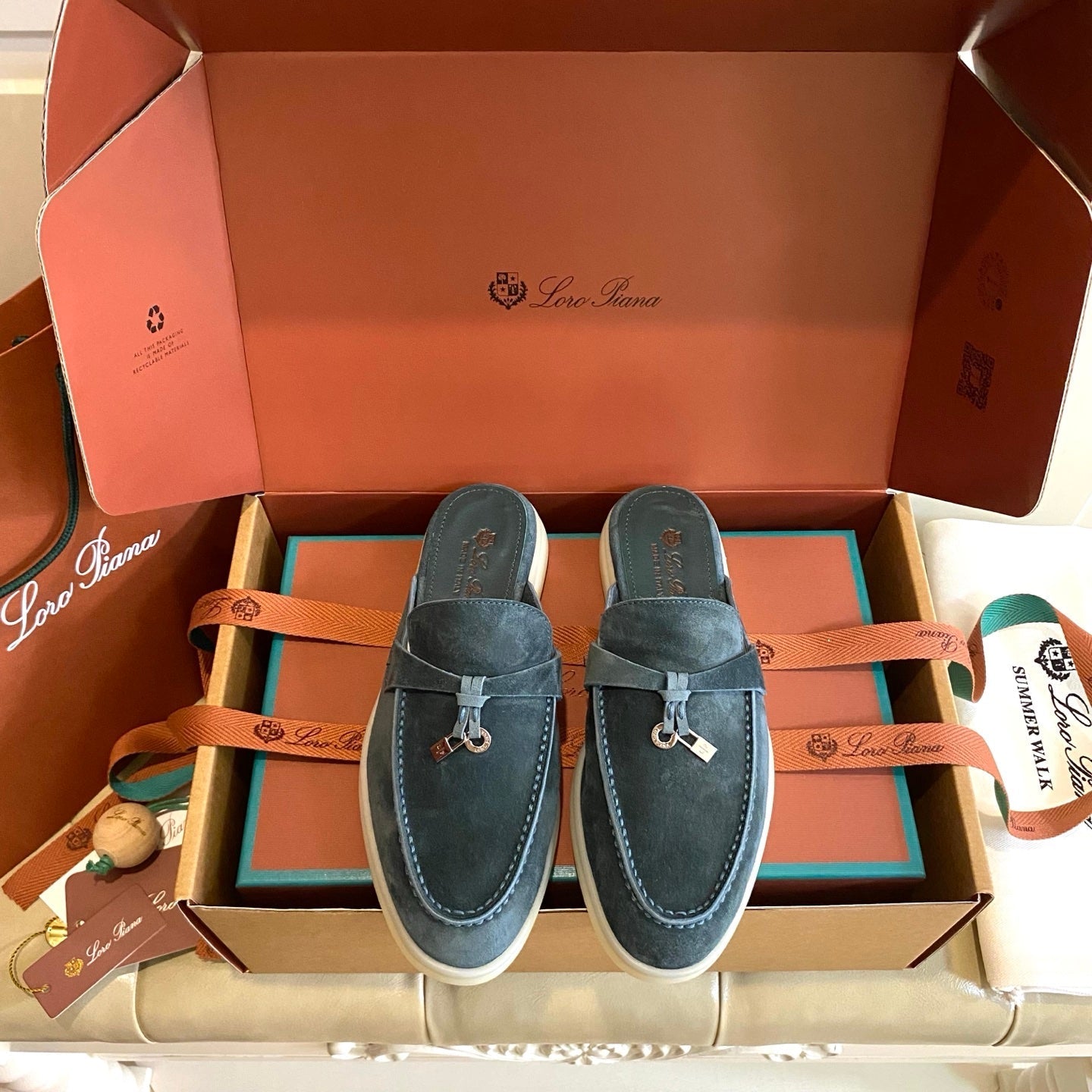LP 26s Lock Charm Mules In Slate Blue Suede Gold Hardware