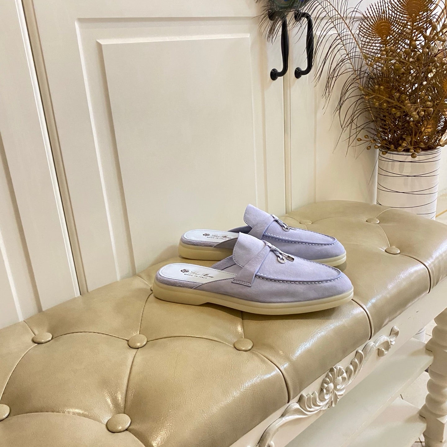 LP 26s Lock Charm Mules In Light Purple Suede Gold Hardware