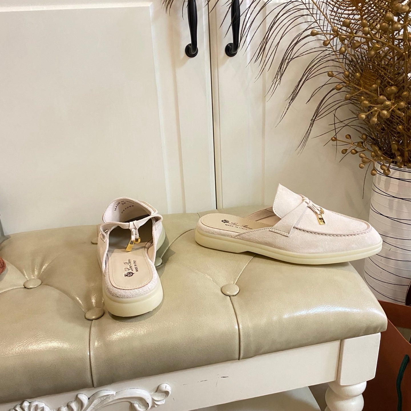 LP 26s Lock Charm Mules In Beige Suede Gold Hardware