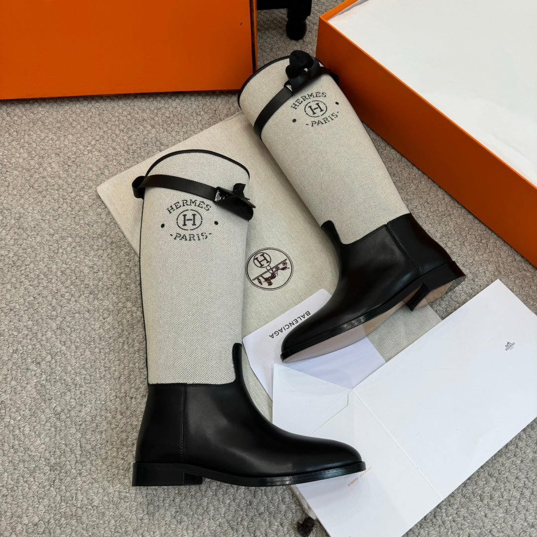 HM Jumping Boot In White Mix Black Calfskin And Burlap 973841