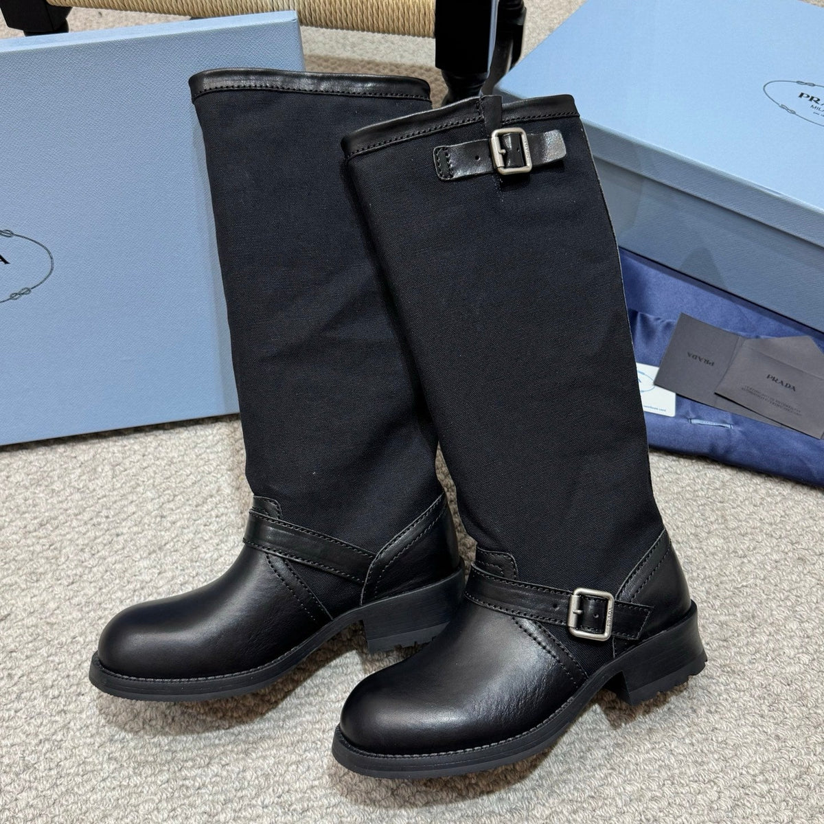PR 26s Buckle Knee High Boots Black Black Canvas Leather 144756