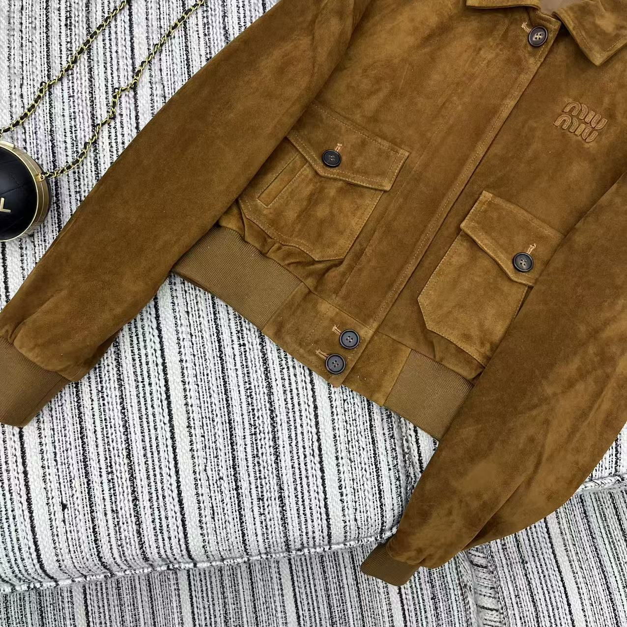 Miu Miu 25 Suede Short Coat Brown Yellow 302344