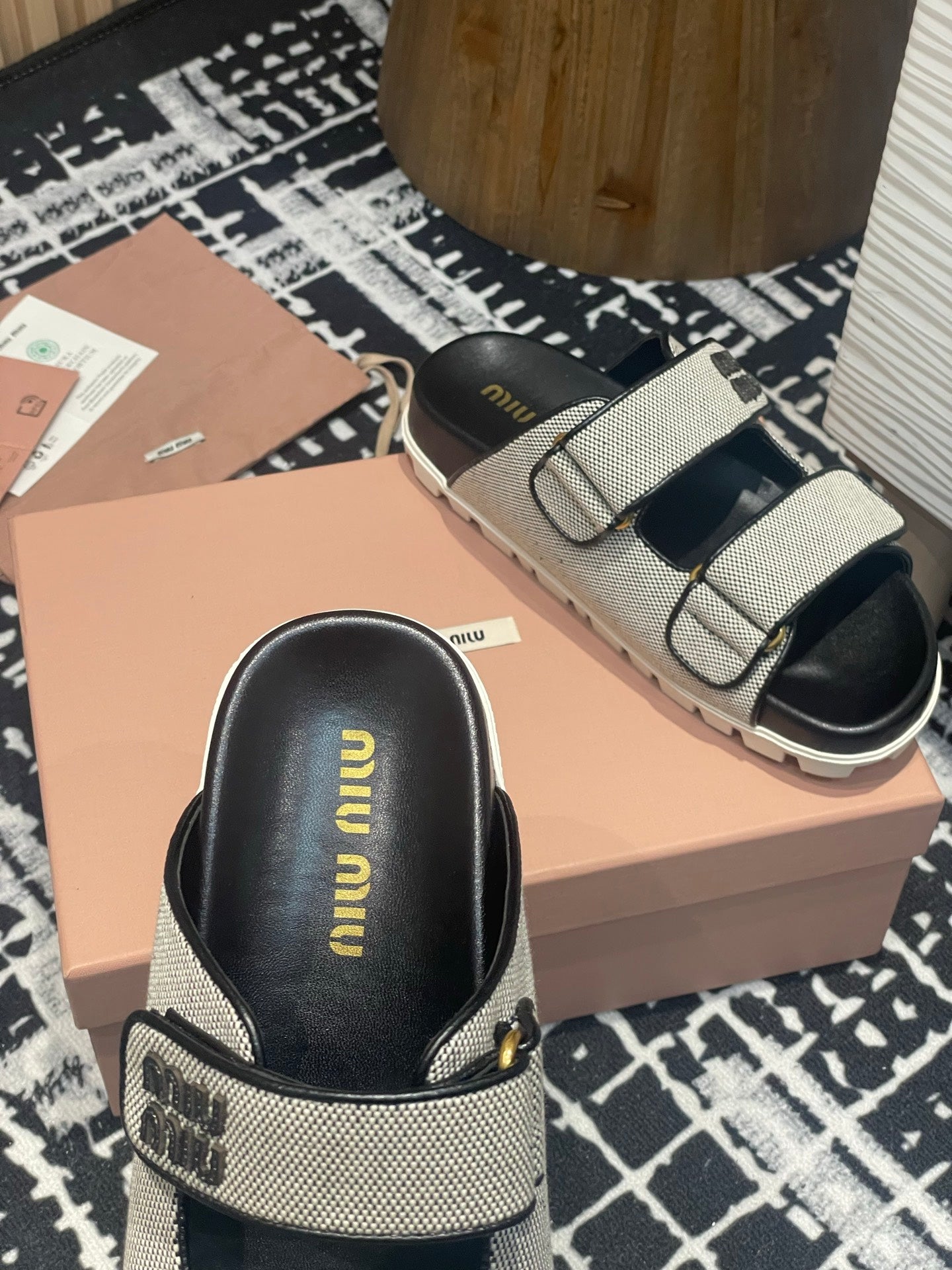 Miu 25S Beige and Black Canvas slides 227135