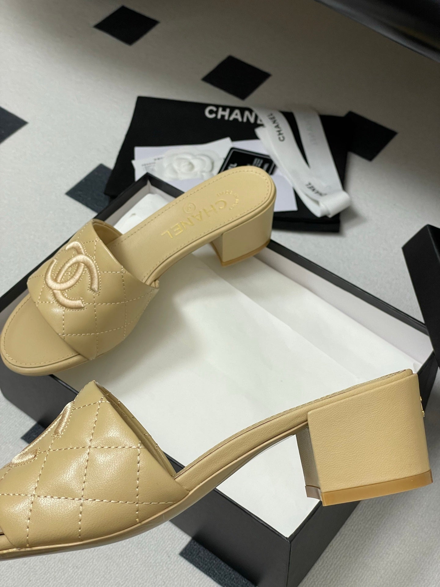 25S Embroidery Double C Mule 50mm Beige Lambskin 247576