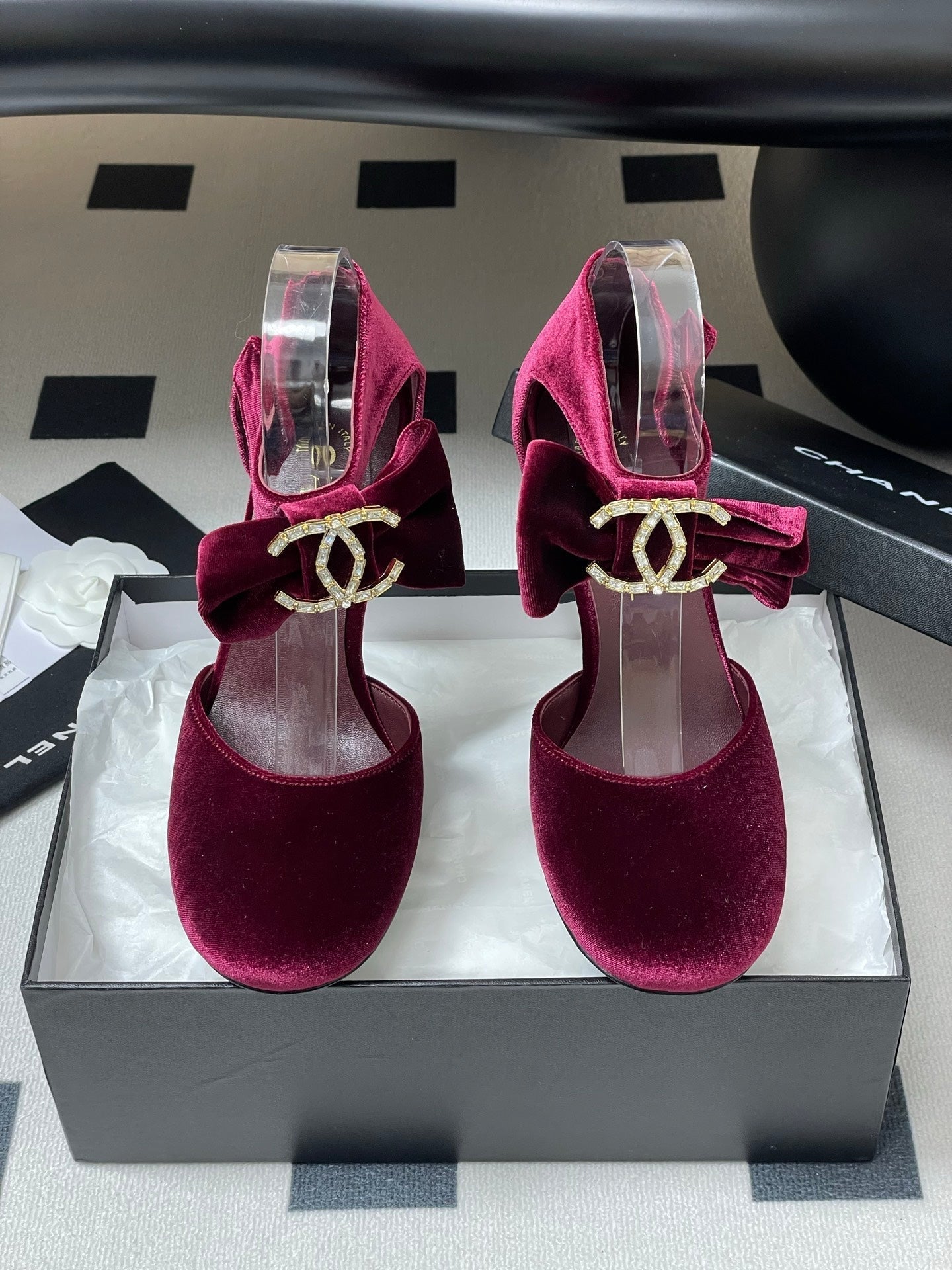 CC 25S Double C Rhinestone Buckle Bow High Heel Pump 85 Wine Velvet 247569