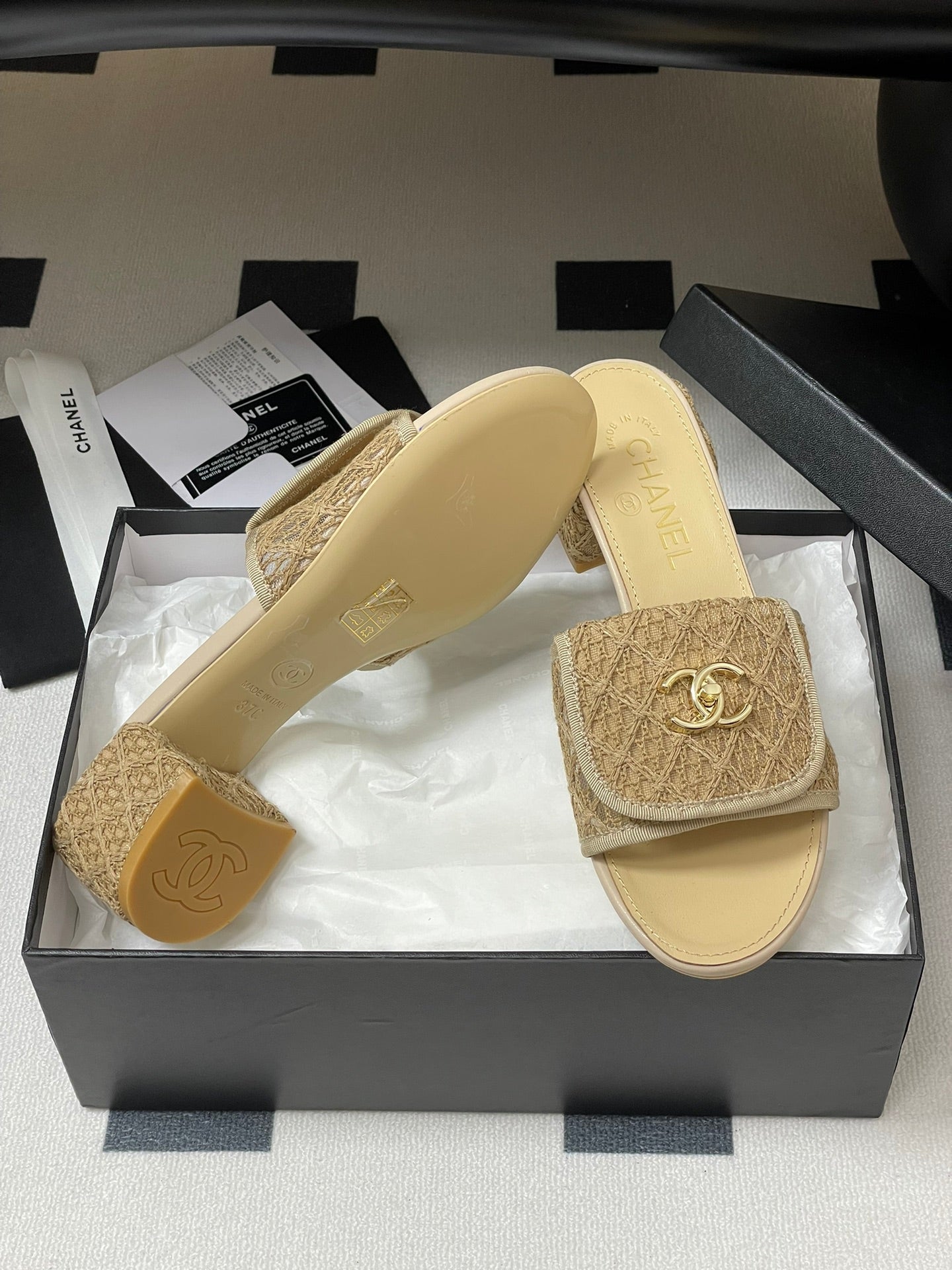 CC 25S Buckle Bag Mule Sandal 50mm Beige Lace Fabric and Sheepskin 247595