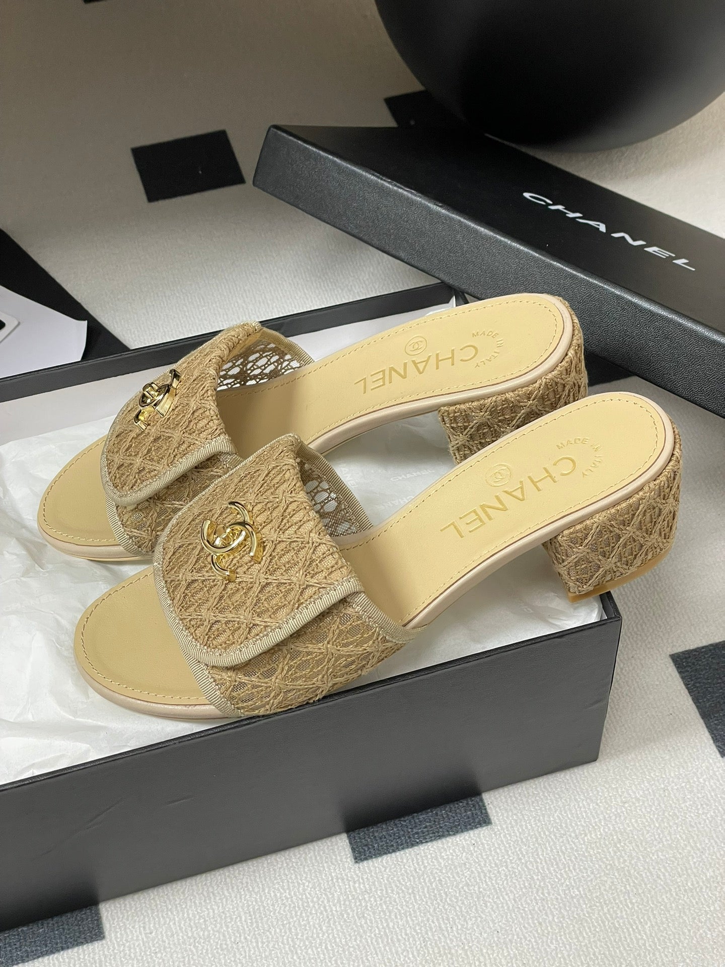 CC 25S Buckle Bag Mule Sandal 50mm Beige Lace Fabric and Sheepskin 247595