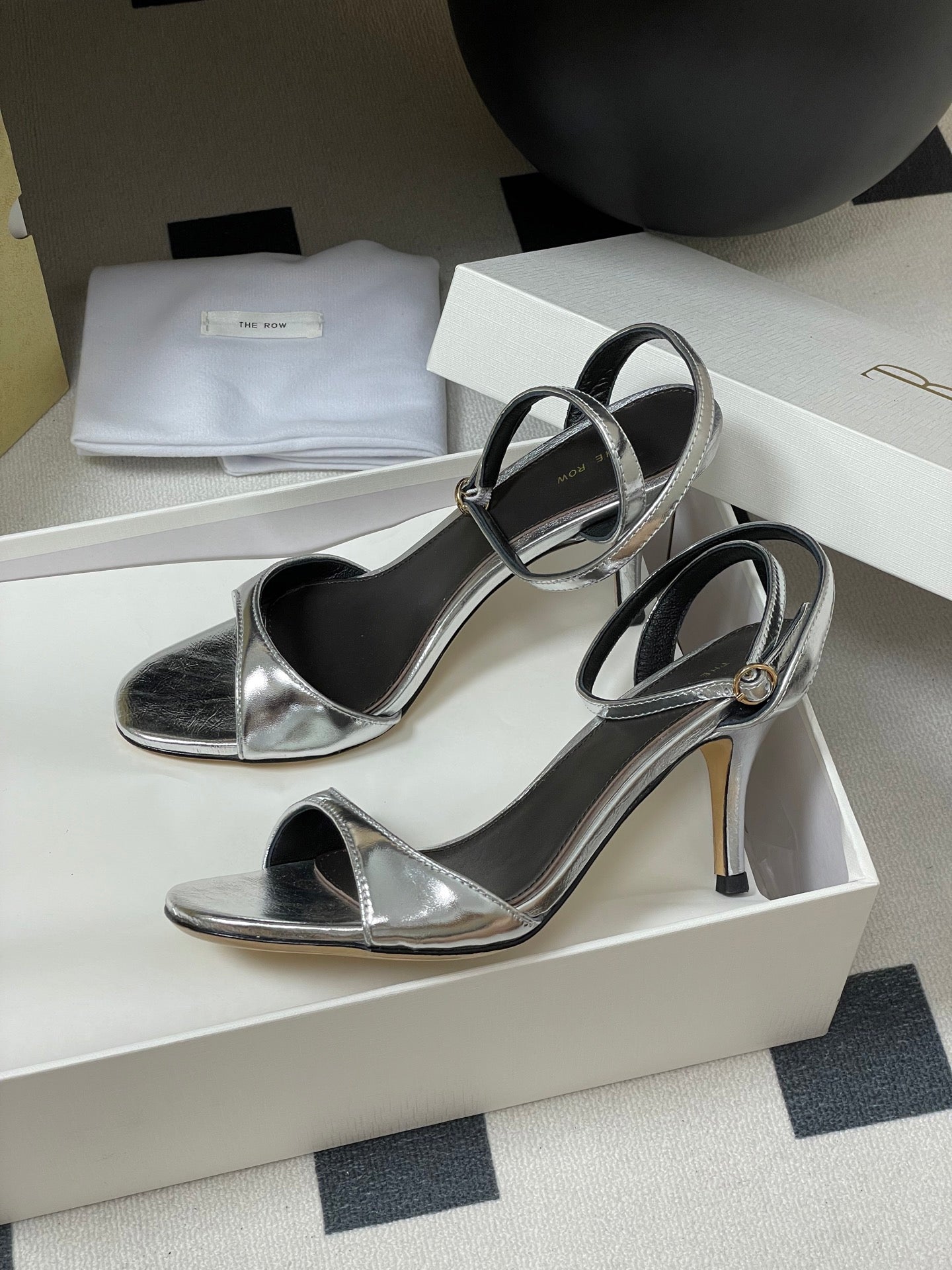 The Row 25S Strap High Heel Sandals 85mm Black Mix Sliver Metallic Cowhide