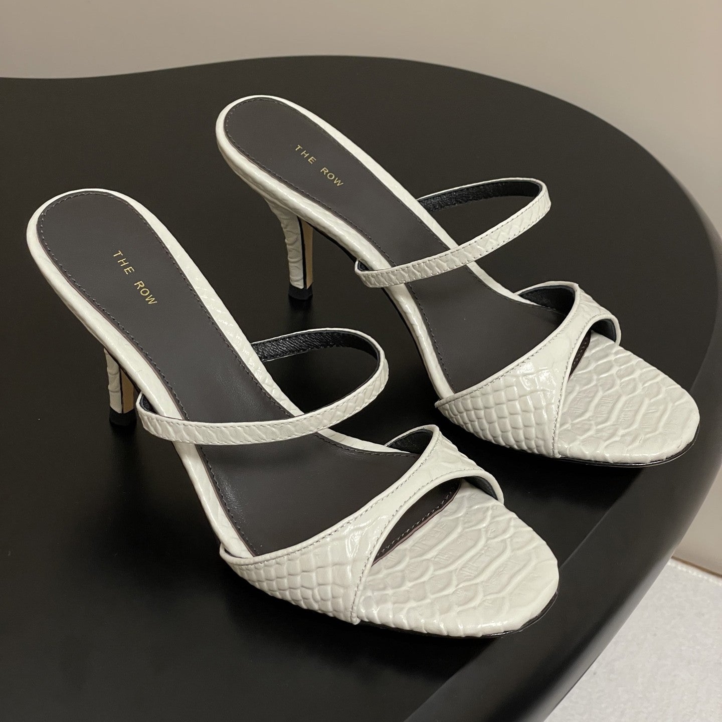 The Row 25S Strap High Heel Mule Sandals 85mm White Snake Pattern Cowhide 286204