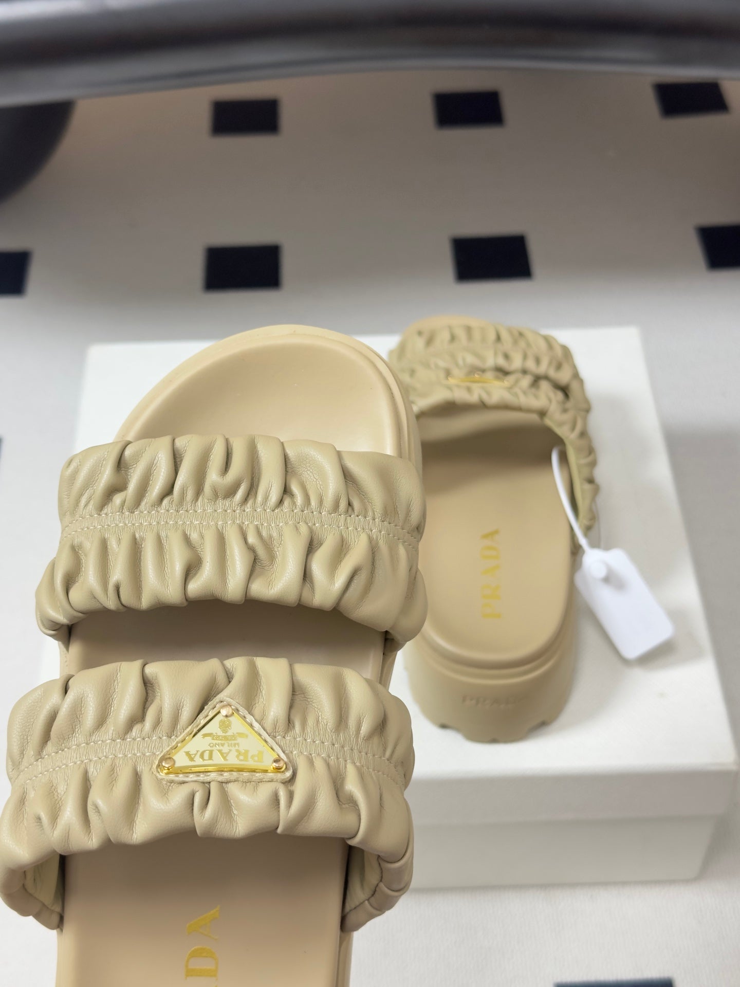 Prada 26s Flatform Slides Beige Matelassé Leather 834768