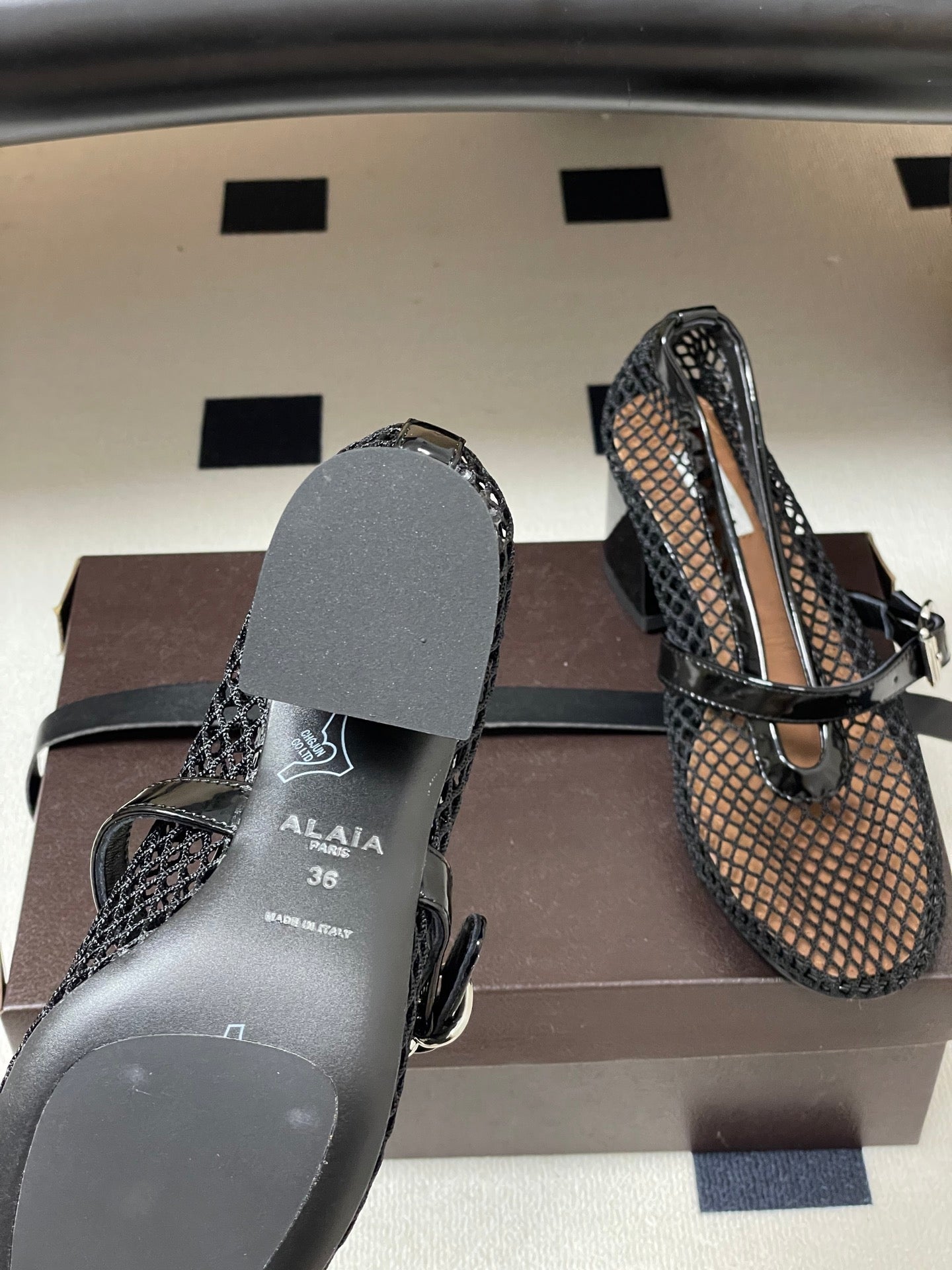 Alaia Babies Pumps 5cm Black Mesh Leather 835271