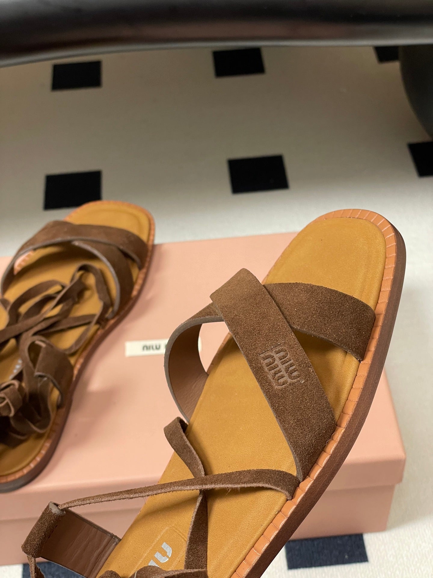 Miu Strappy Sandals Cocoa Brown Suede 834949