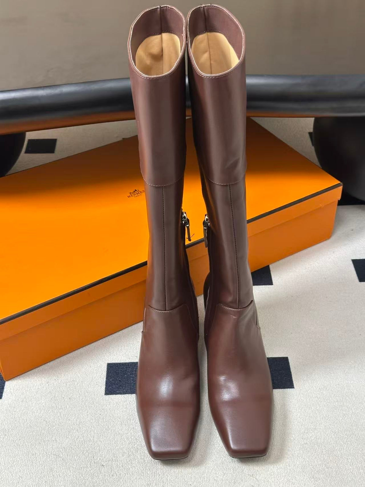 HM 26s Square-Toe Knee-High Boots 5.5cm Brown Leather 150020