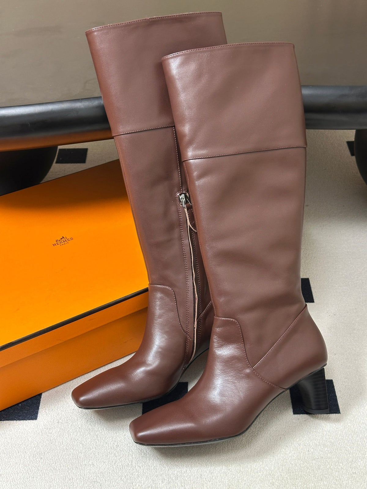 HM 26s Square-Toe Knee-High Boots 5.5cm Brown Leather 150020