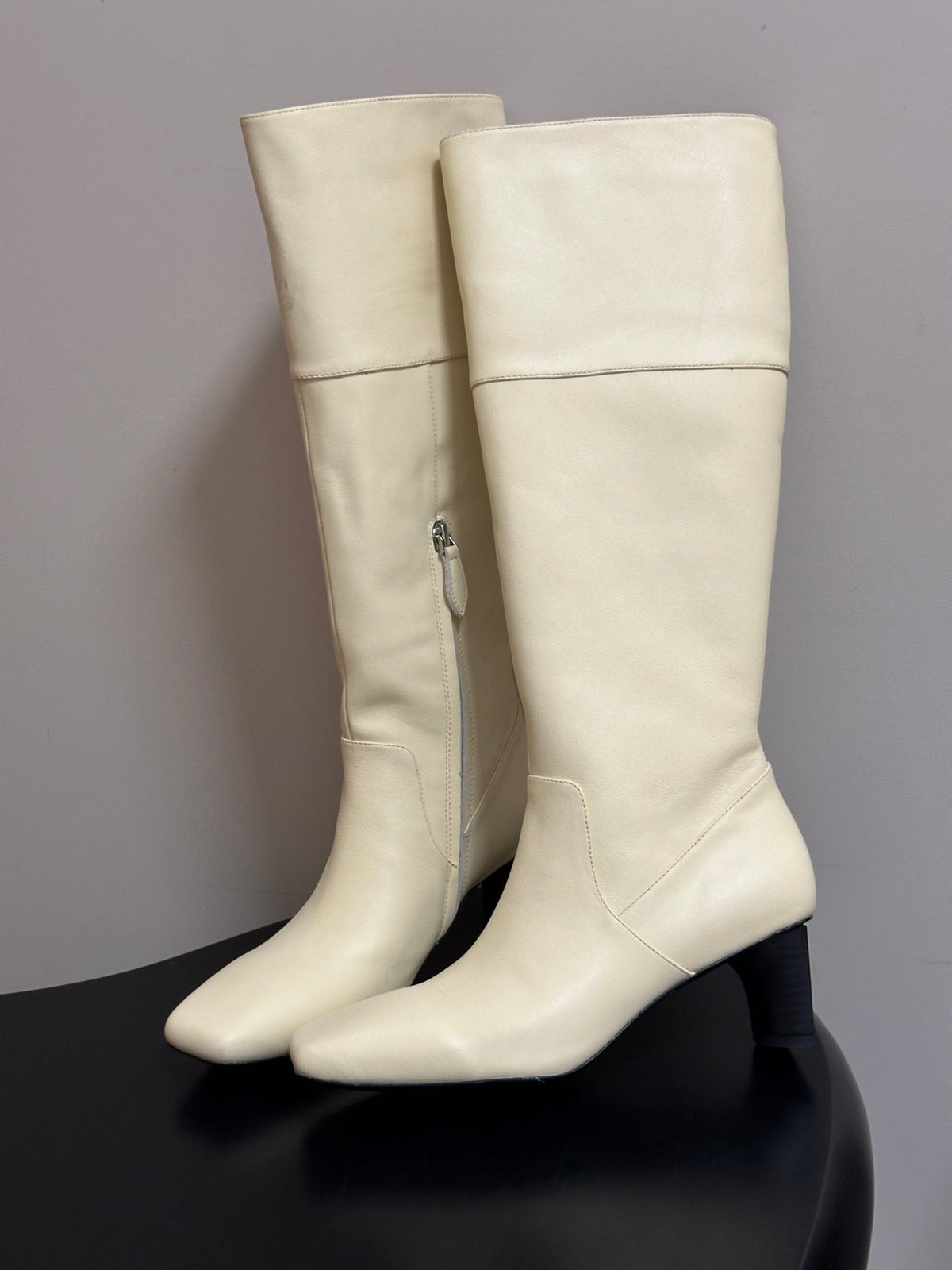 HM 26s Square-Toe Knee-High Boots 5.5cm Cream Leather 150021