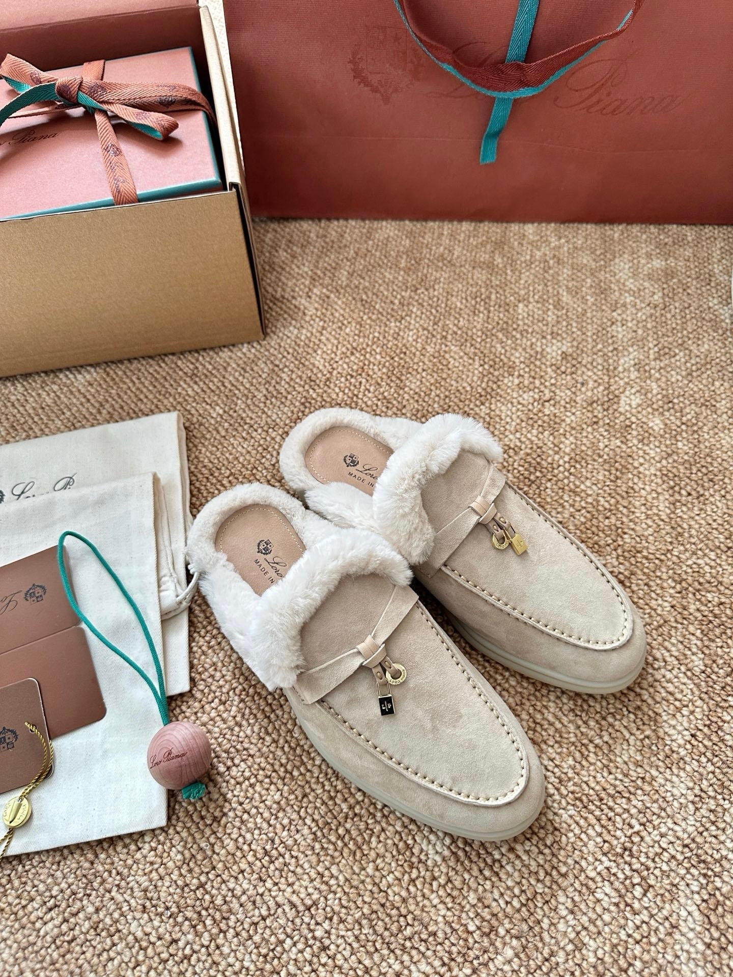 Loro Piana Charms Walk Flat Mules Apricot Suede Fur 623530
