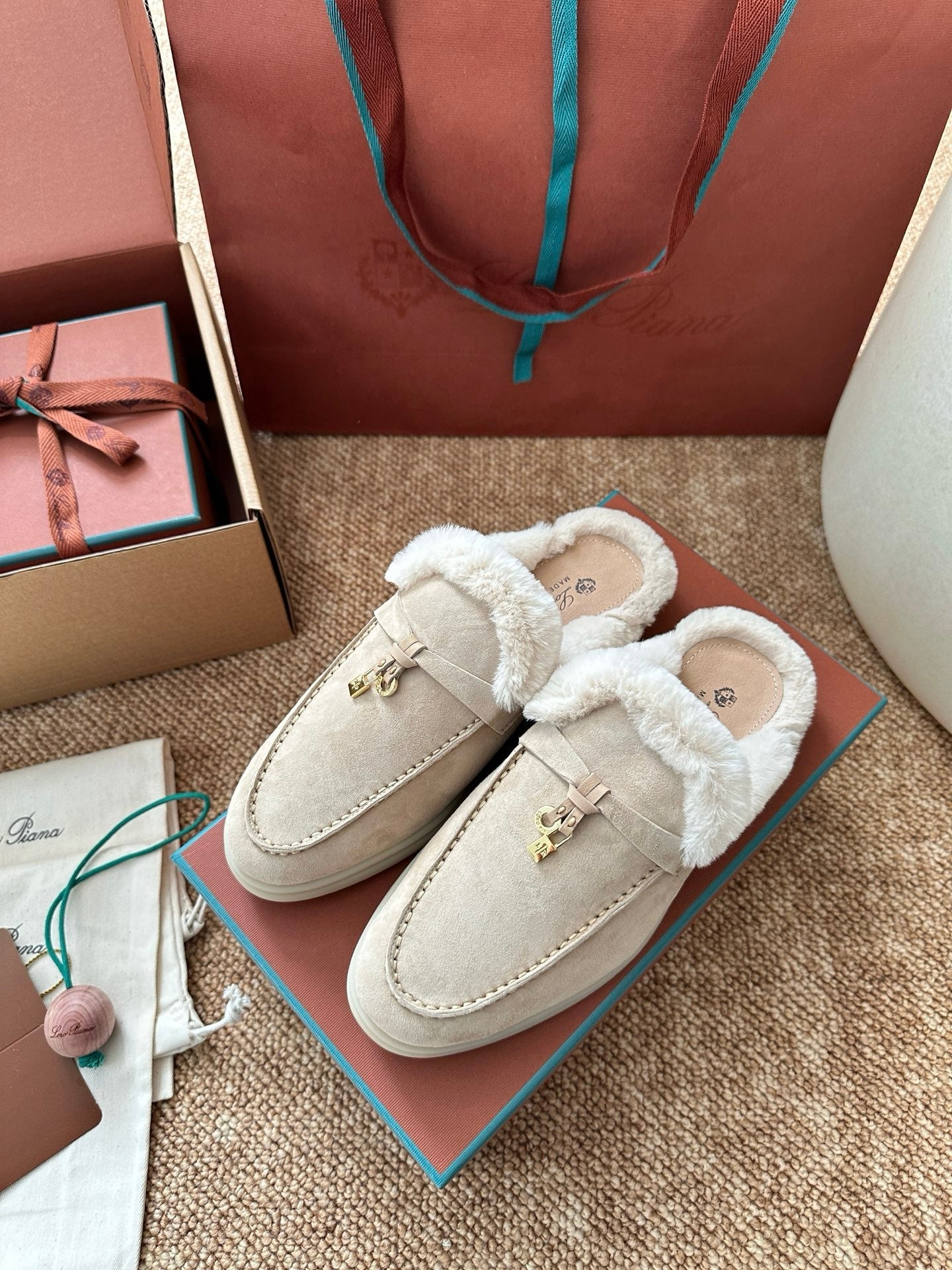 Loro Piana Charms Walk Flat Mules Apricot Suede Fur 623530