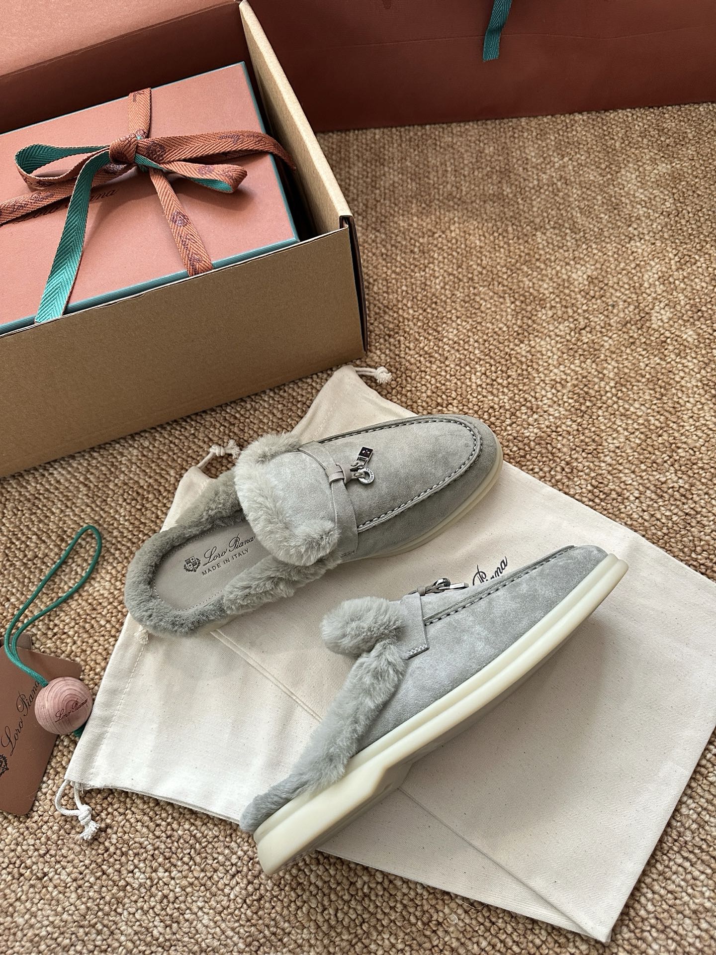 Loro Piana Charms Walk Flat Mules Gray-Green Suede Fur 623534