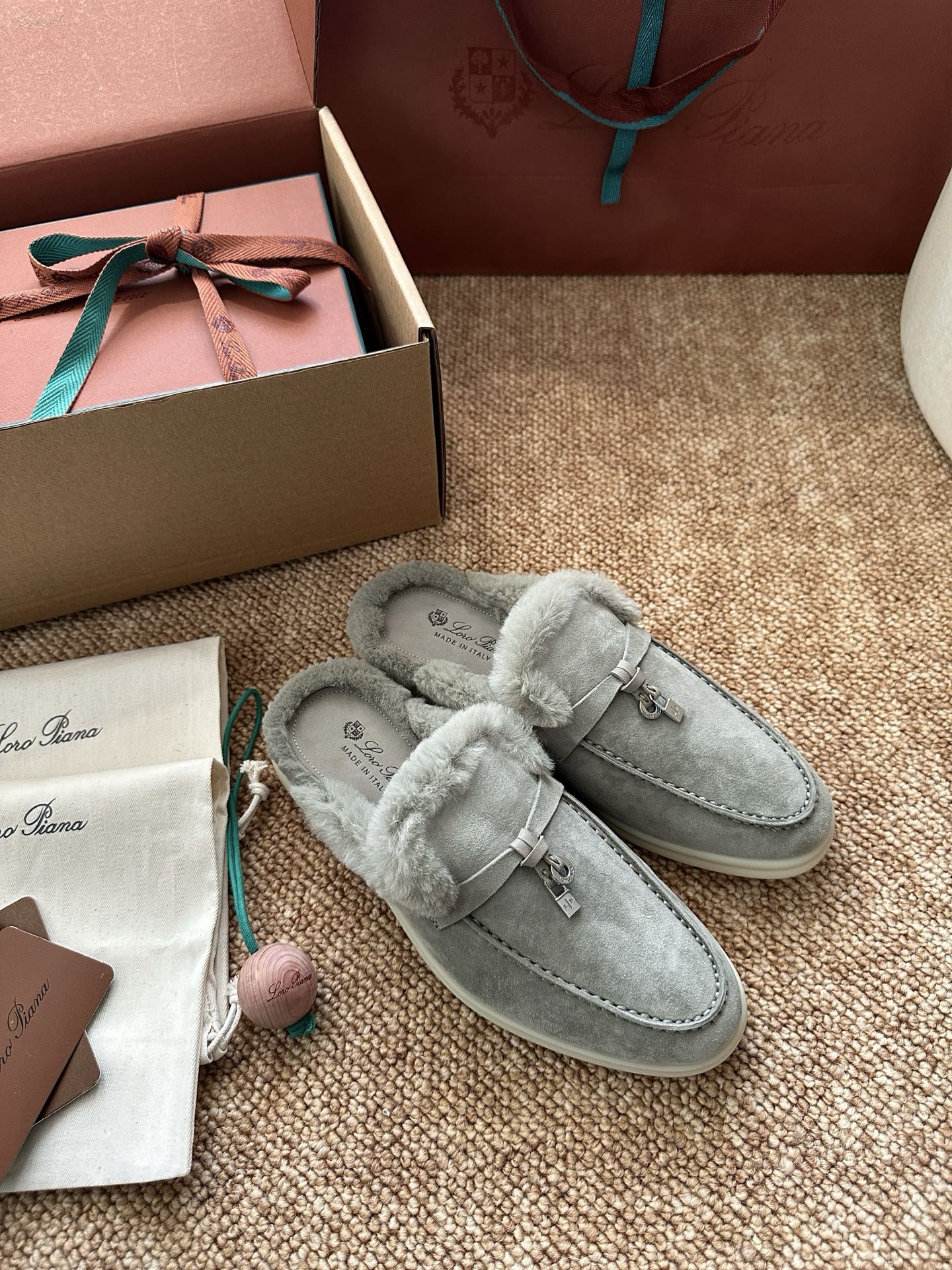 Loro Piana Charms Walk Flat Mules Gray-Green Suede Fur 623534