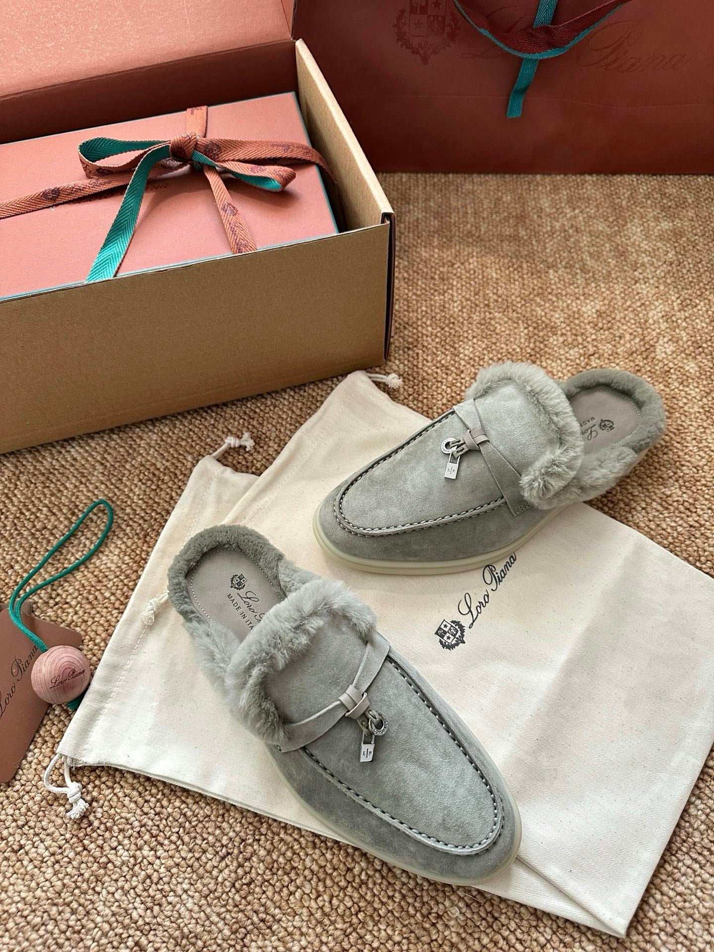 Loro Piana Charms Walk Flat Mules Gray-Green Suede Fur 623534